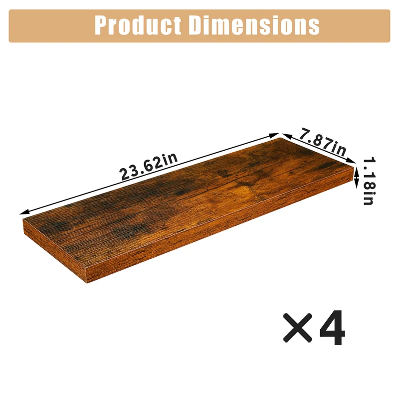 Set of 4 rustic brown floating wall shelves with metal brackets