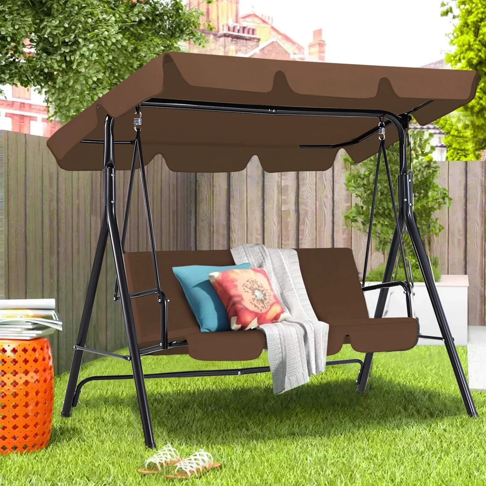 3-seat outdoor swing bench with removable cushions and adjustable awning