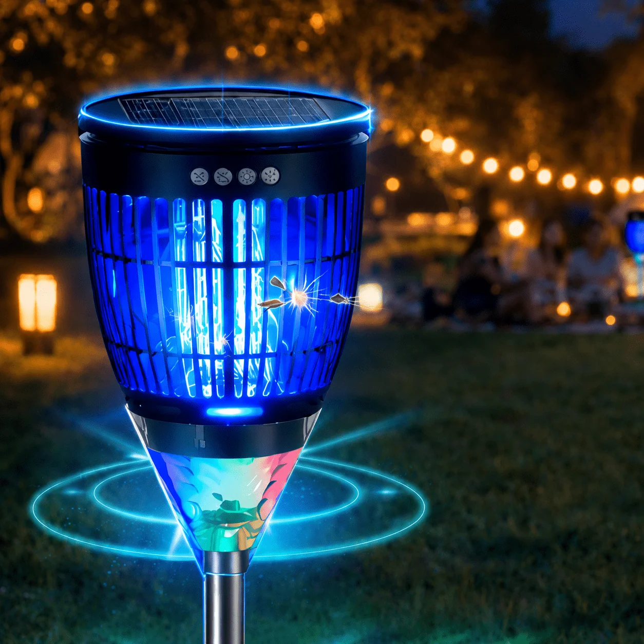 Solar-Powered Bug Zapper 4200V with Flame Mode, Projection Light, Auto On/Off, USB Rechargeable, IPX4 Waterproof