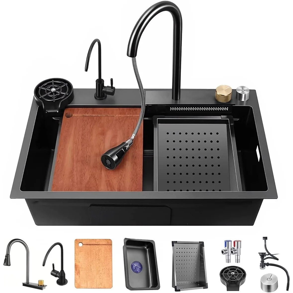 33 x 22 Inch Nano Black Stainless Steel Kitchen Sink with Pull-Down Faucet