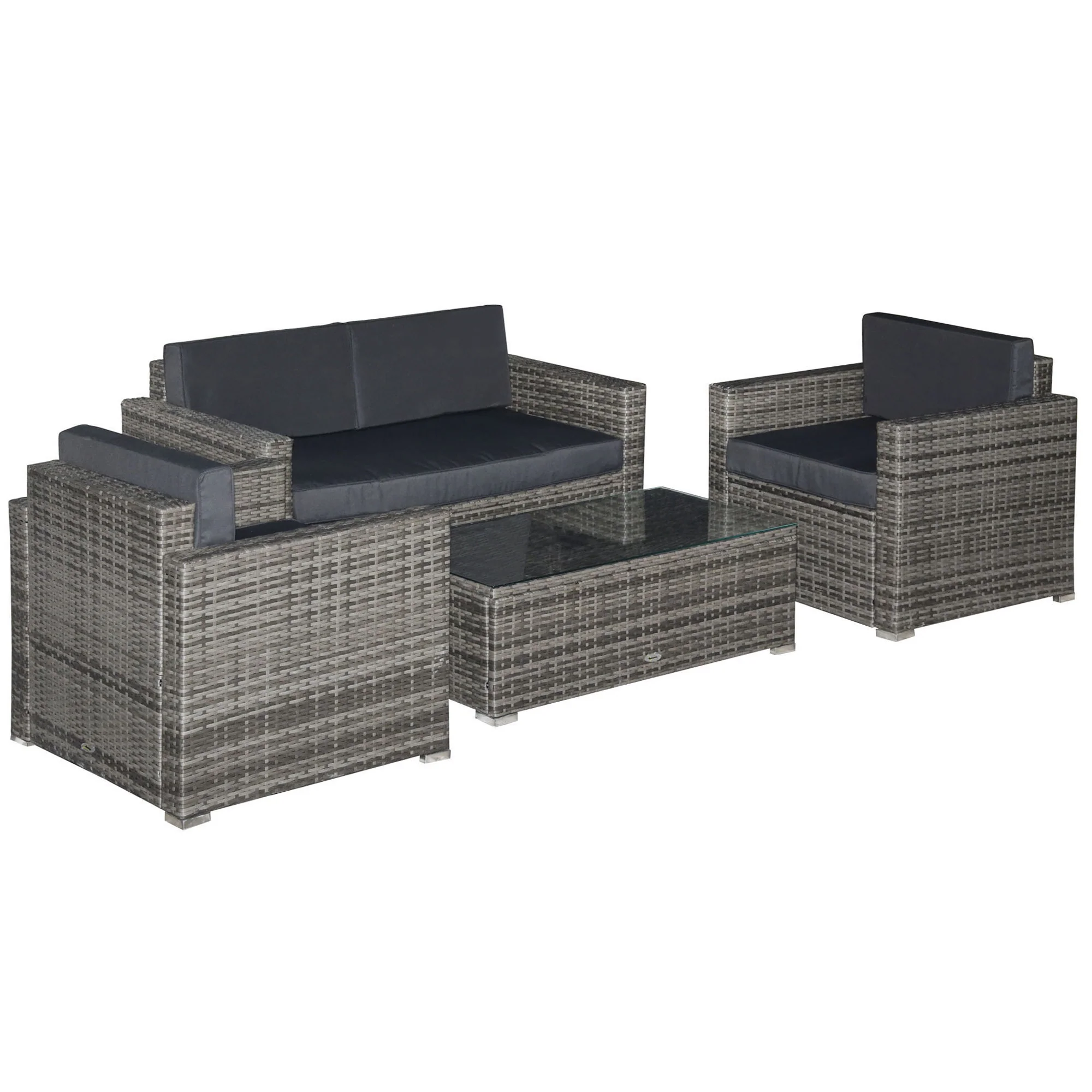 4-piece wicker patio furniture set with cushions and glass coffee table
