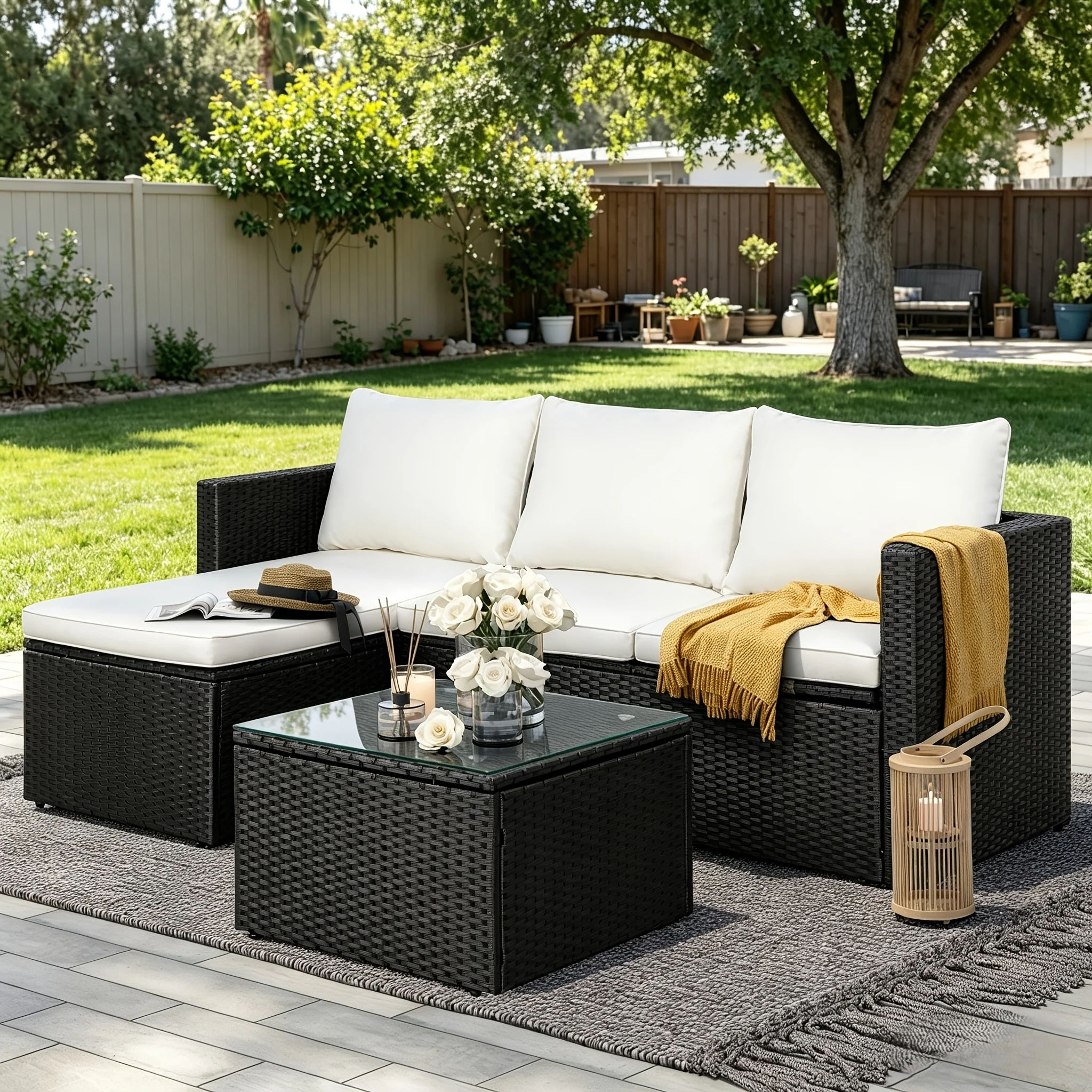 3-piece outdoor sectional sofa set with PE rattan frame and glass table