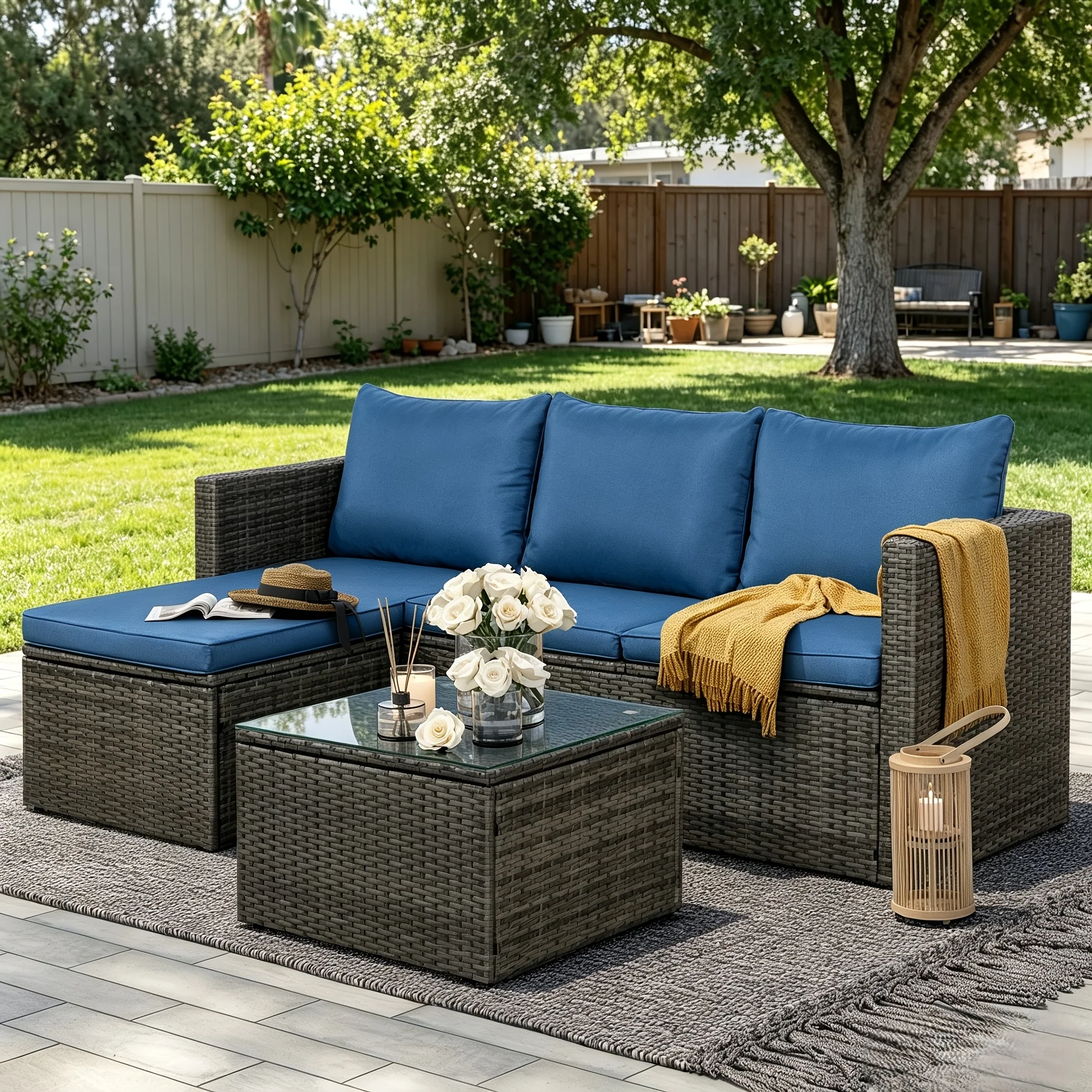 3-piece outdoor sectional sofa set with PE rattan frame and glass table