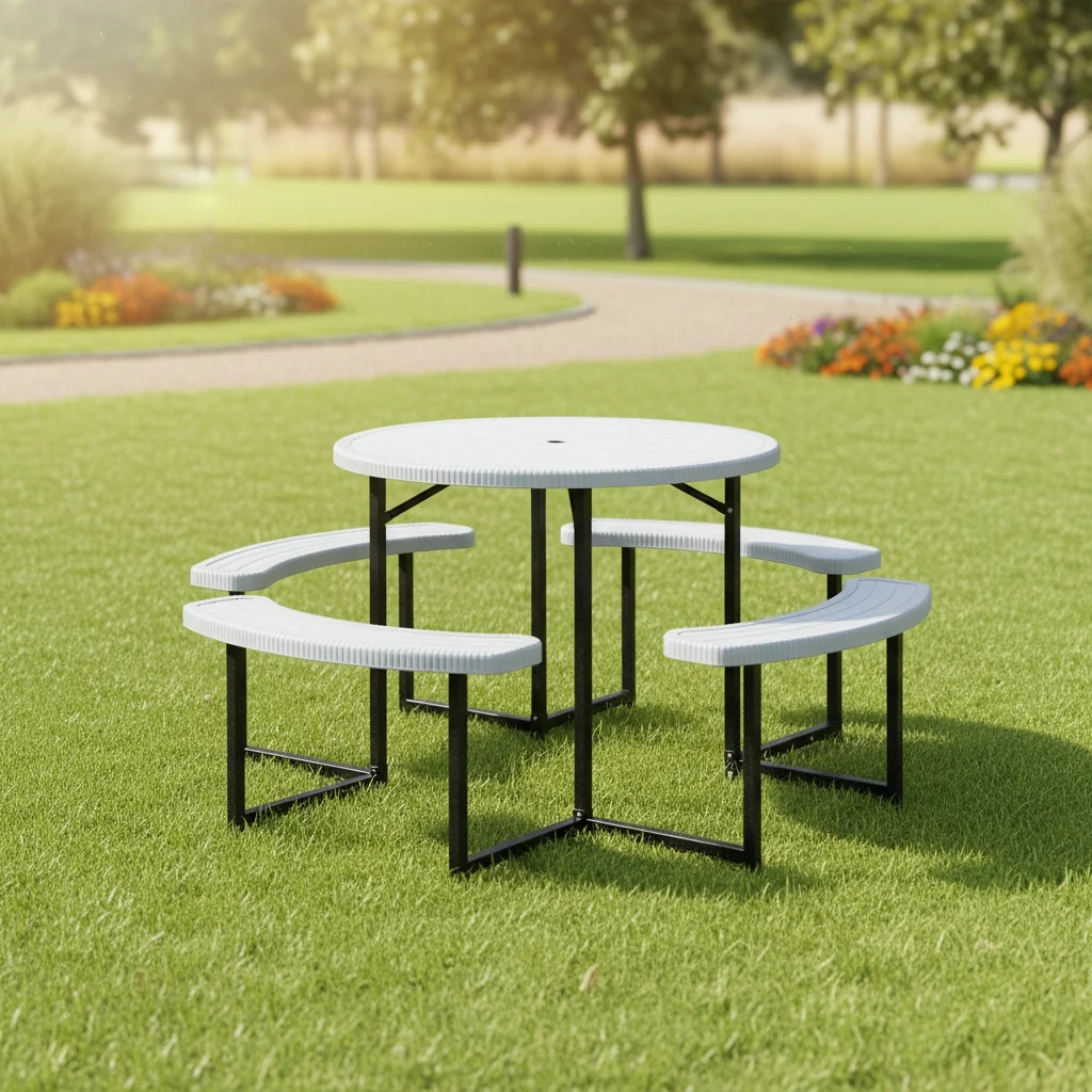 8-person round picnic table set with HDPE top and metal frame