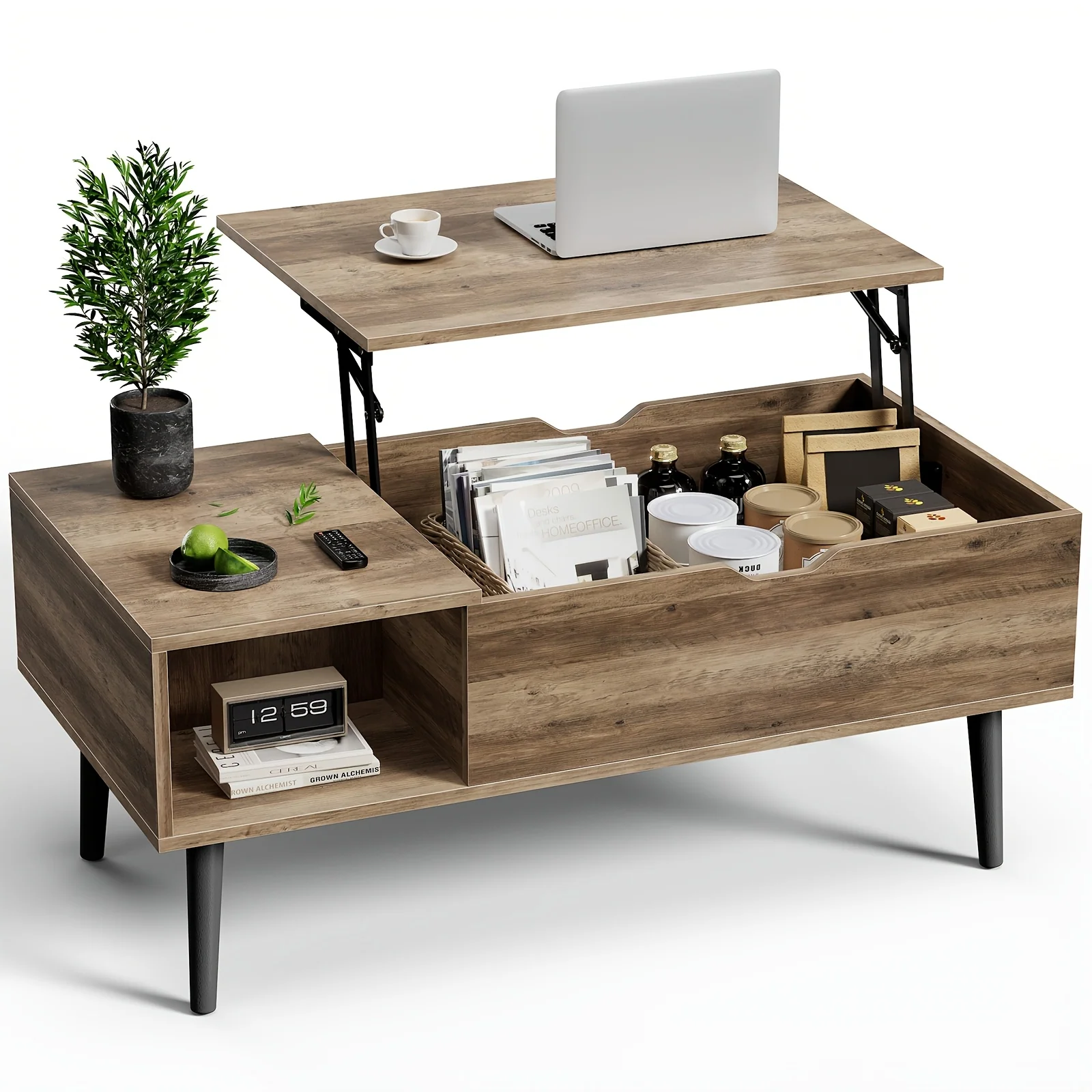 Height-adjustable wooden garden coffee table with storage