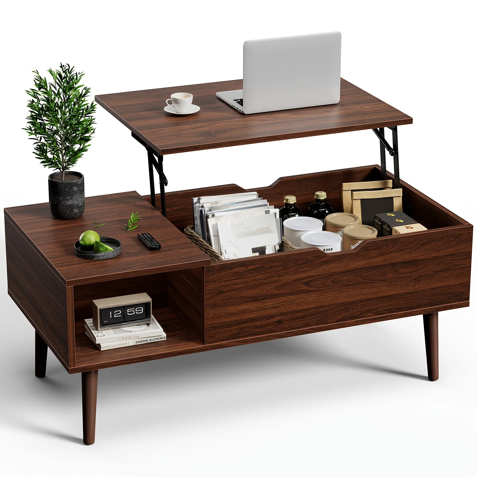 Height-adjustable wooden garden coffee table with storage