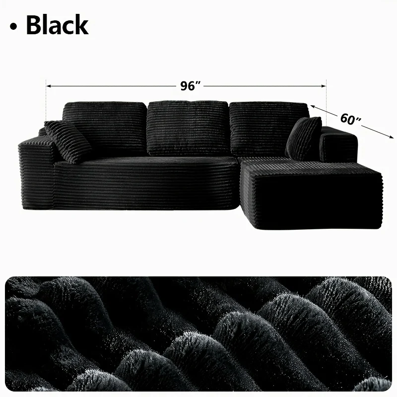 Oversized L-Shaped Chaise Recliner Set – 96‑Inch L‑Shape with 65‑Inch Single Chaise Lounge, Corduroy Fabric, Armrests and Matching Throw Pillows