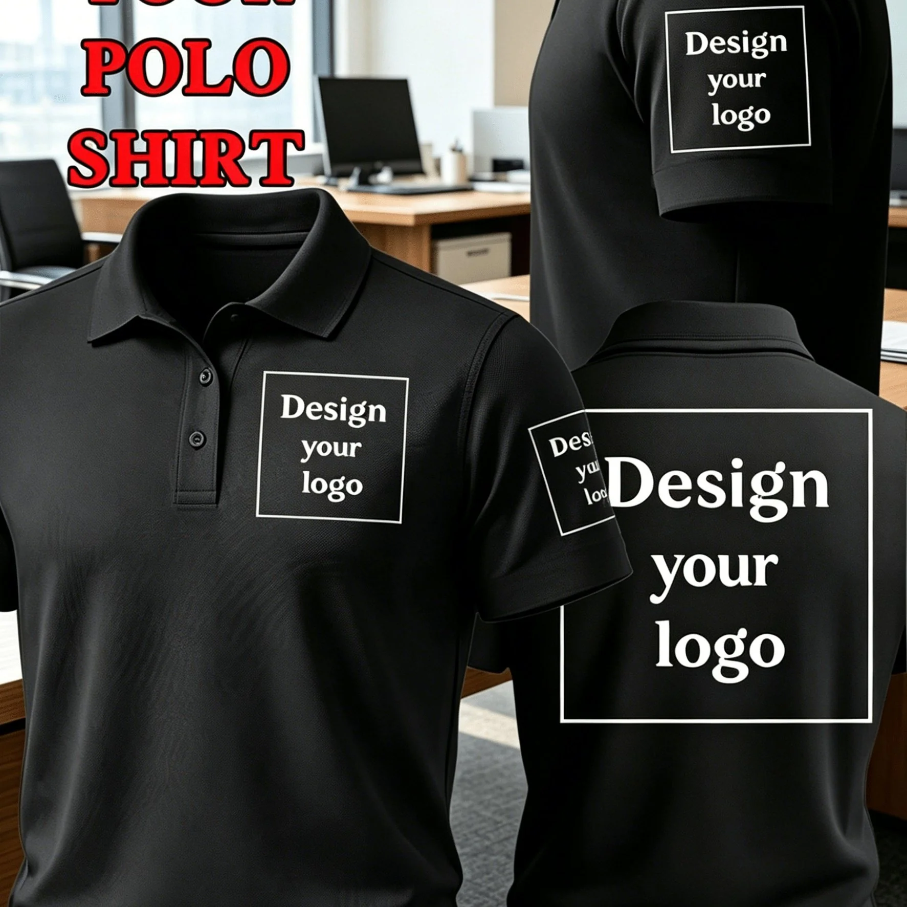 Customizable White Men's Polo Shirt with Front Chest, Sleeve, and Back Printing