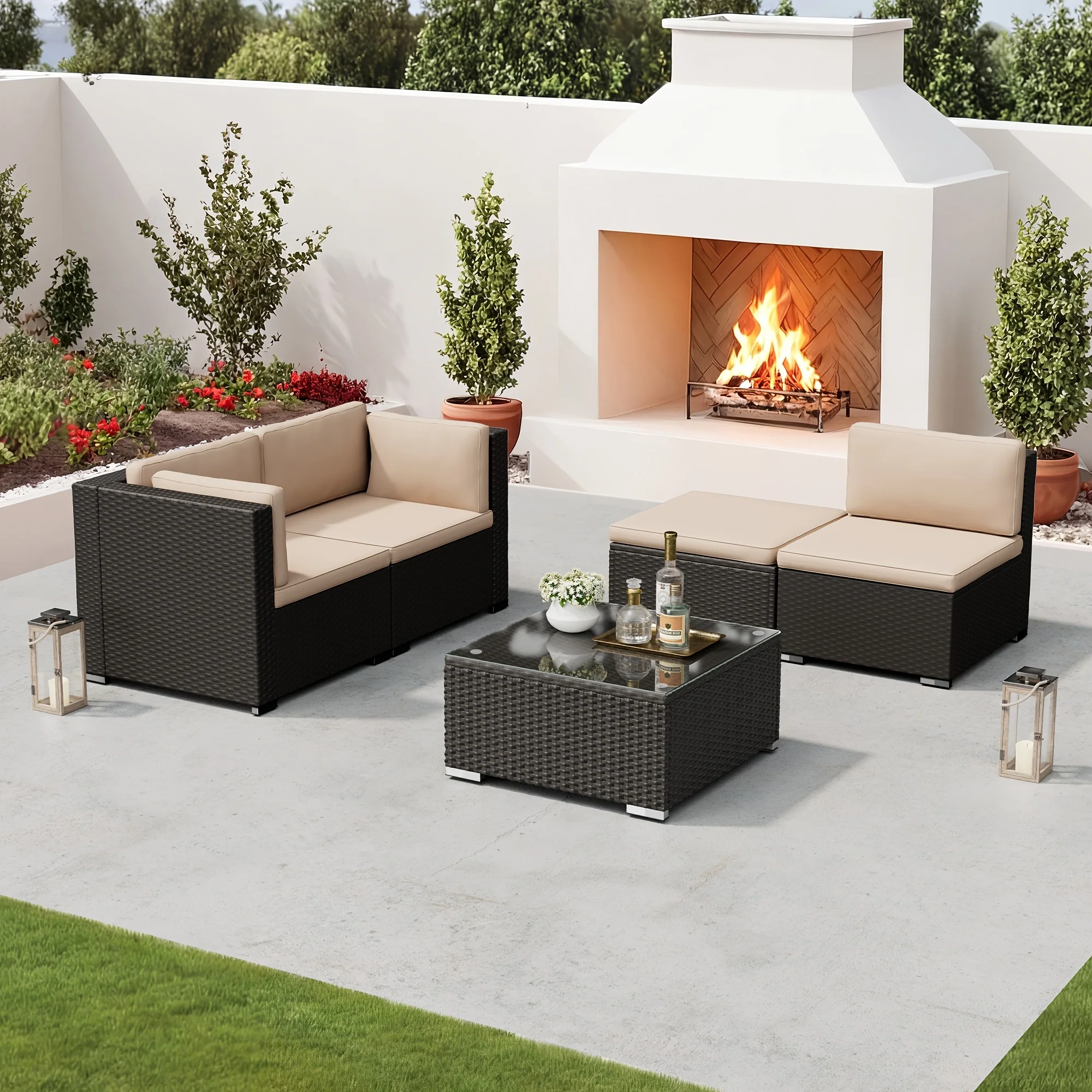 5-piece outdoor sectional patio set with cushioned sofa and glass-top table