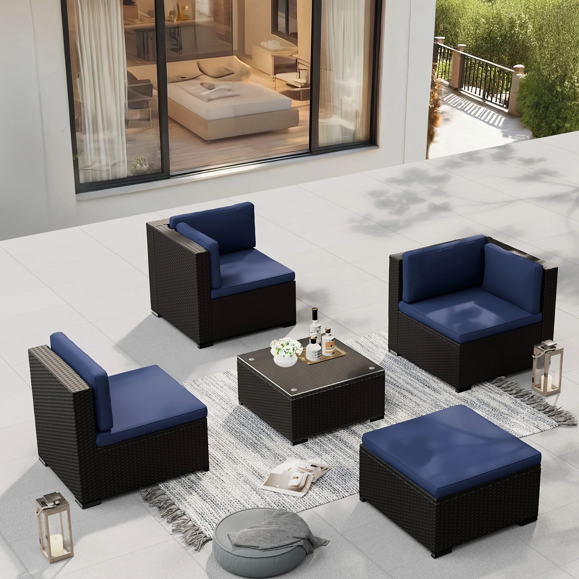5-piece outdoor sectional patio set with cushioned sofa and glass-top table