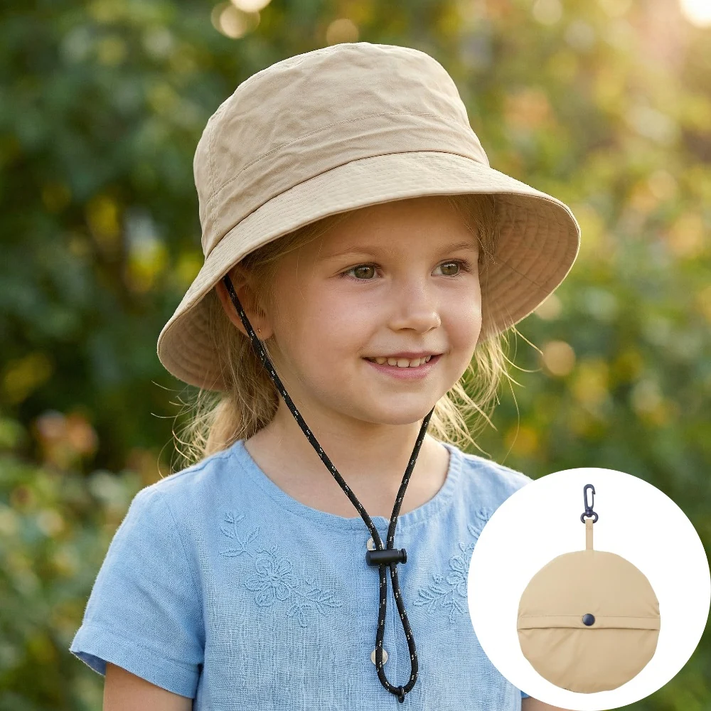 Nylon kids foldable fisherman hat with windproof cord