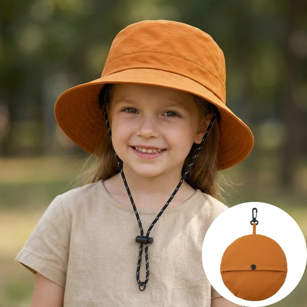 Nylon kids foldable fisherman hat with windproof cord