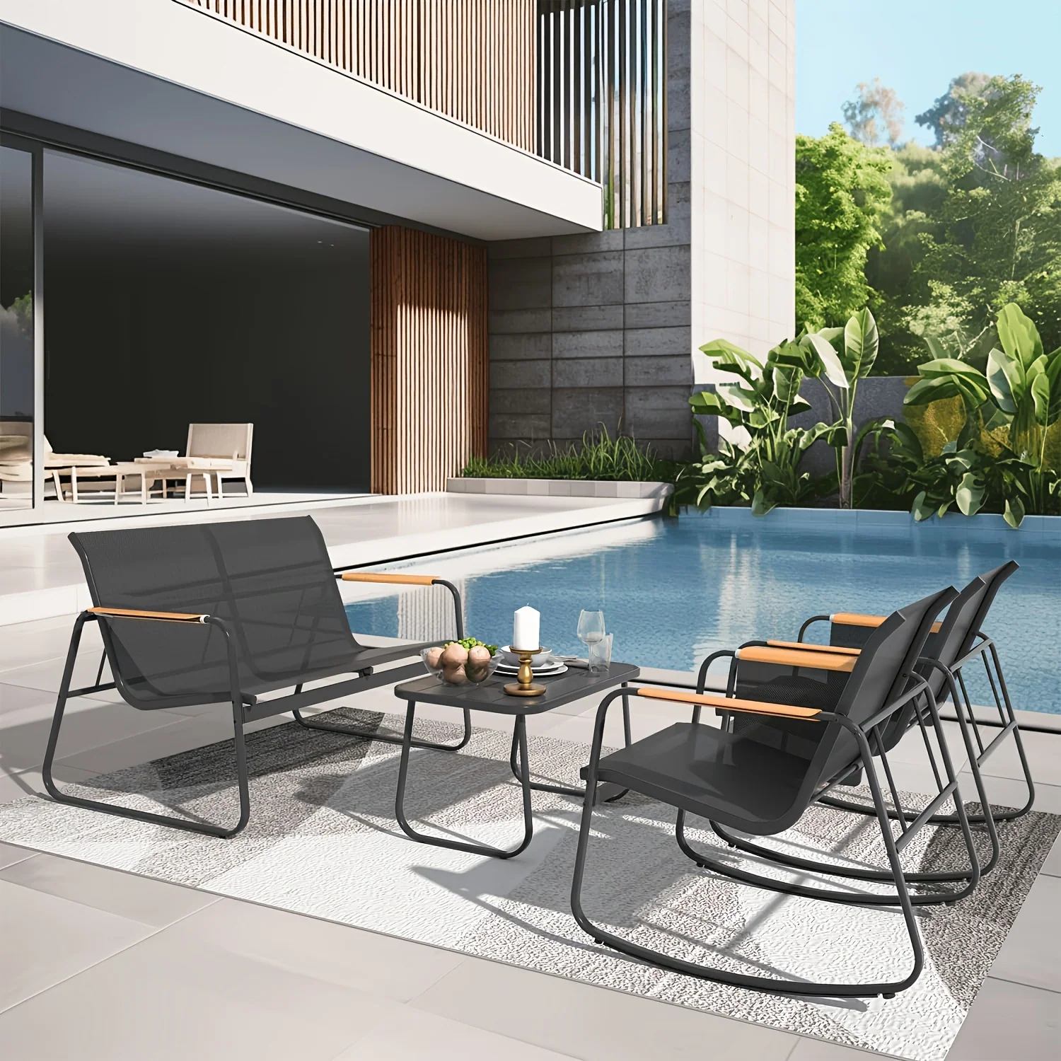 4-piece outdoor conversation set with textilene loveseat and rocking chairs