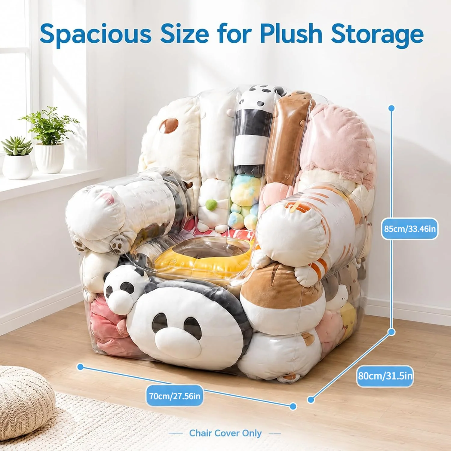Extra-large transparent bean bag chair cover with plastic window for stuffed toys