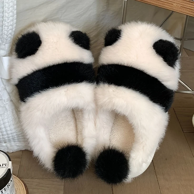 Women's panda print slippers with non-slip soles for indoor comfort