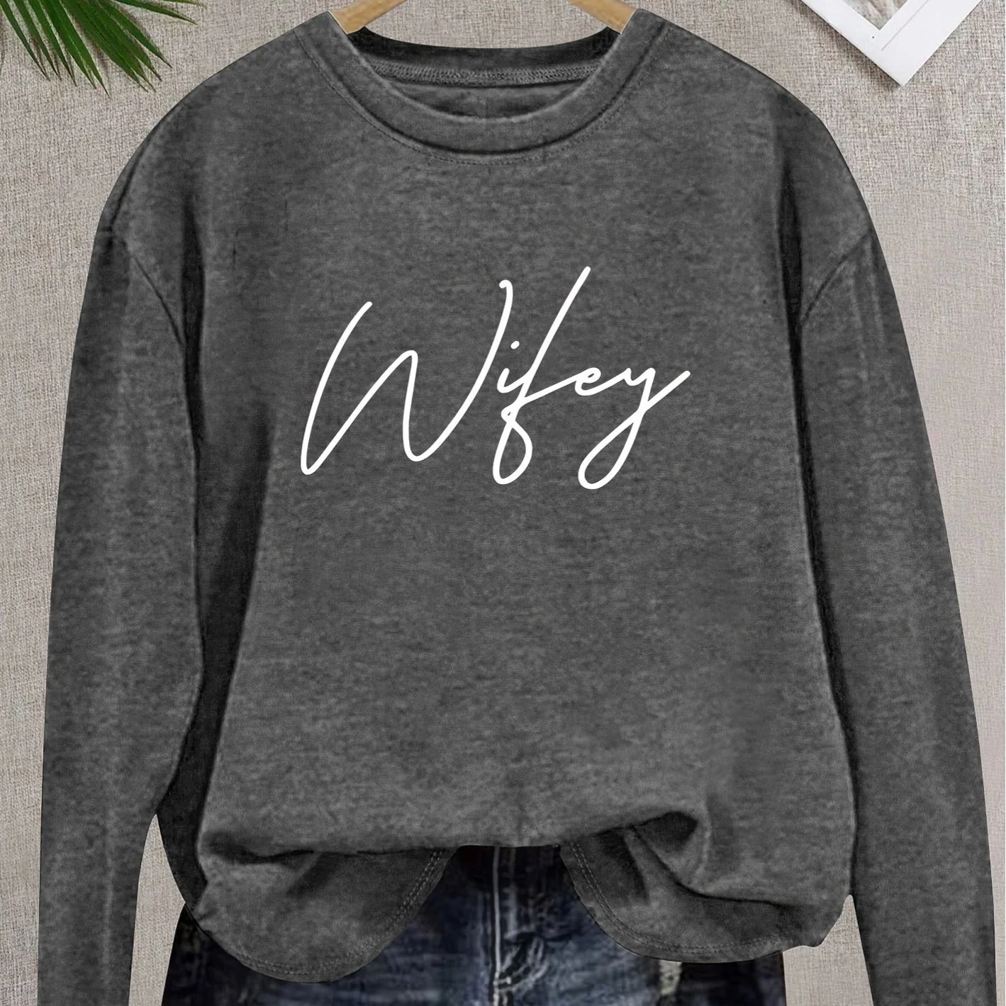 Plus Size Long Sleeve T-Shirt with Distressed Letter Print