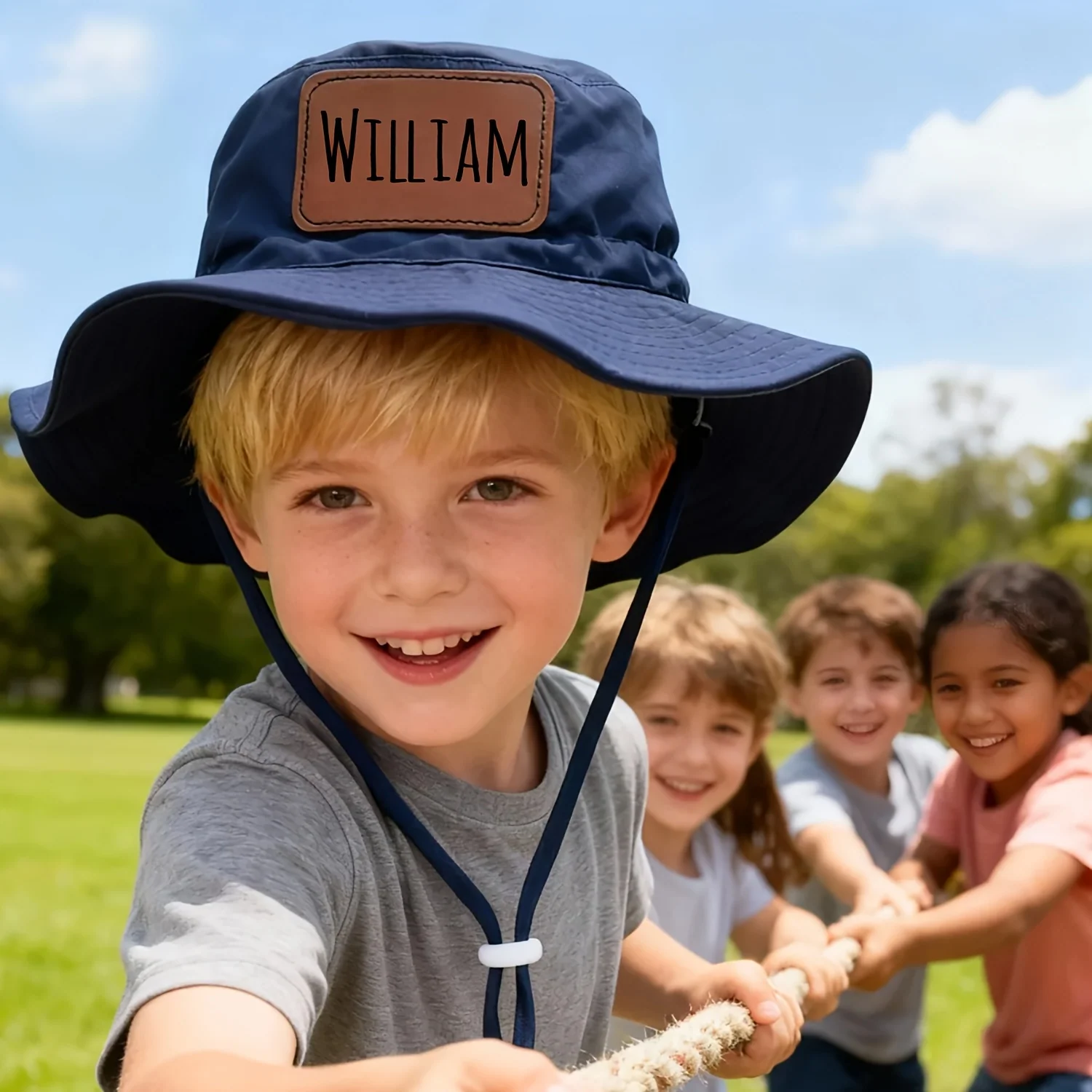 Foldable fisherman hat for kids with personalized name tag