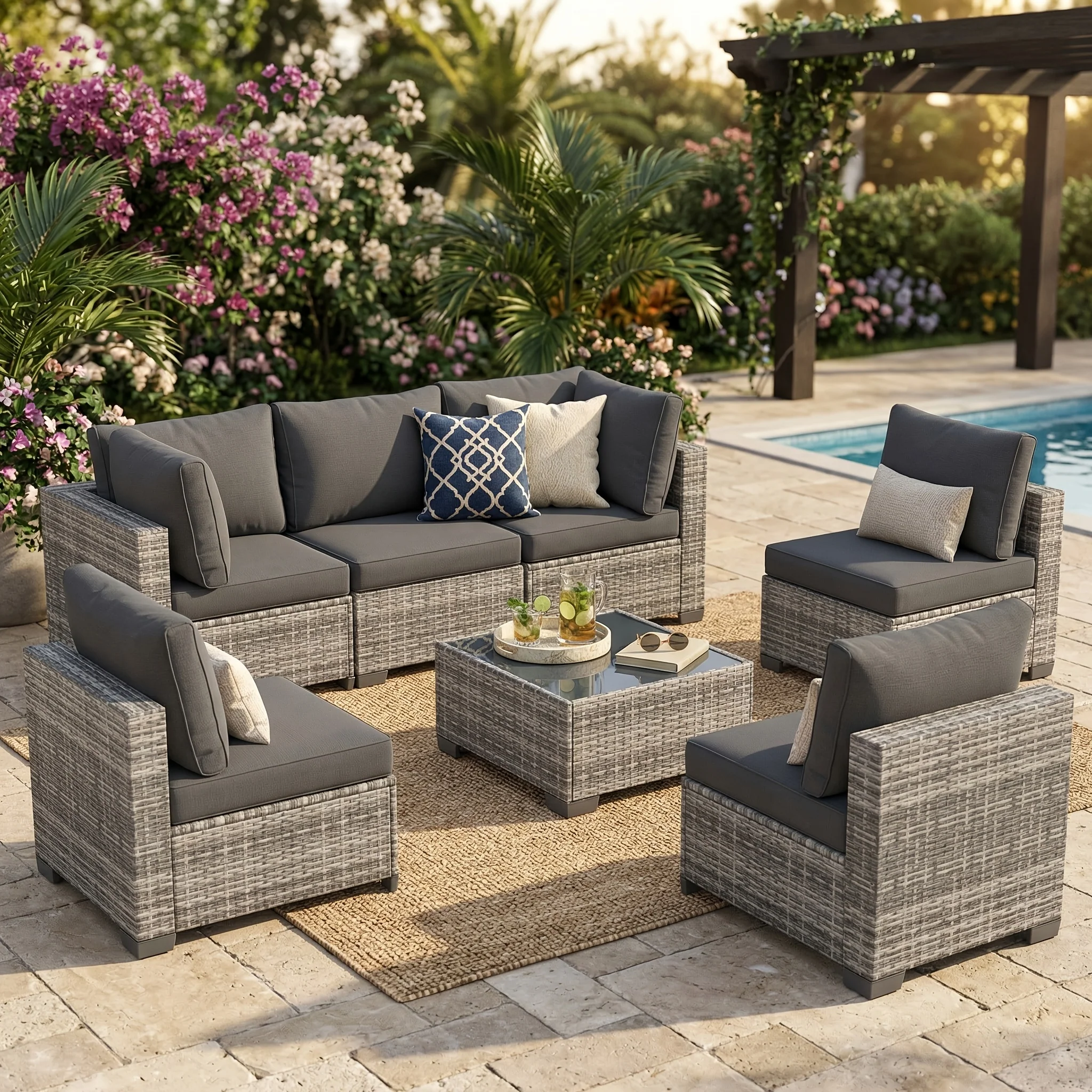All-Weather PE Rattan Sectional Set with Thick Cushions and Tempered Glass Coffee Table – Modular Outdoor Sofa for Garden and Balcony