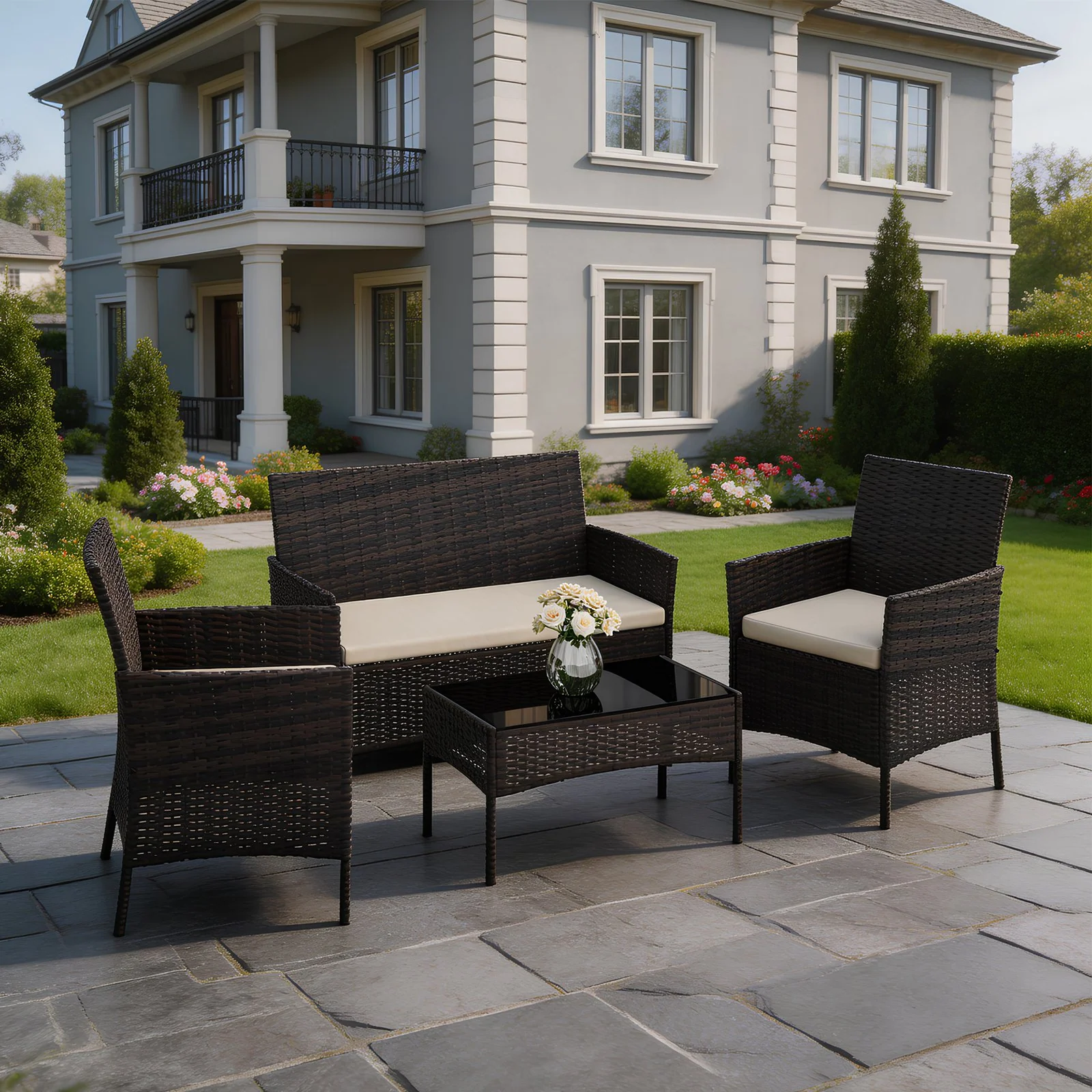 4-piece outdoor patio bistro set with wicker rattan seating and glass table