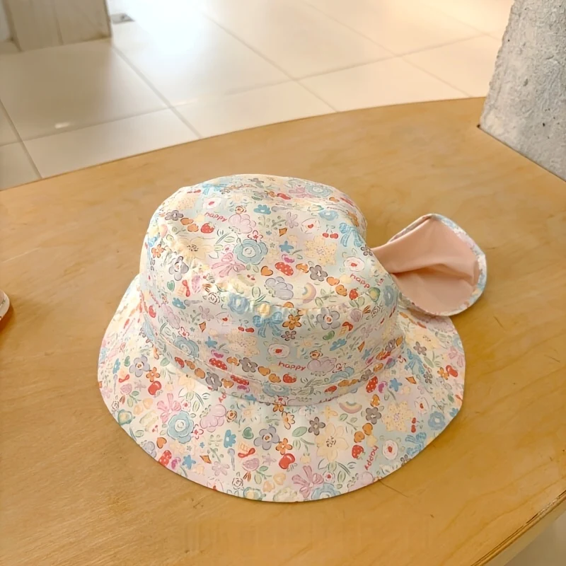 Kids' floral embroidery bucket hat for sun protection