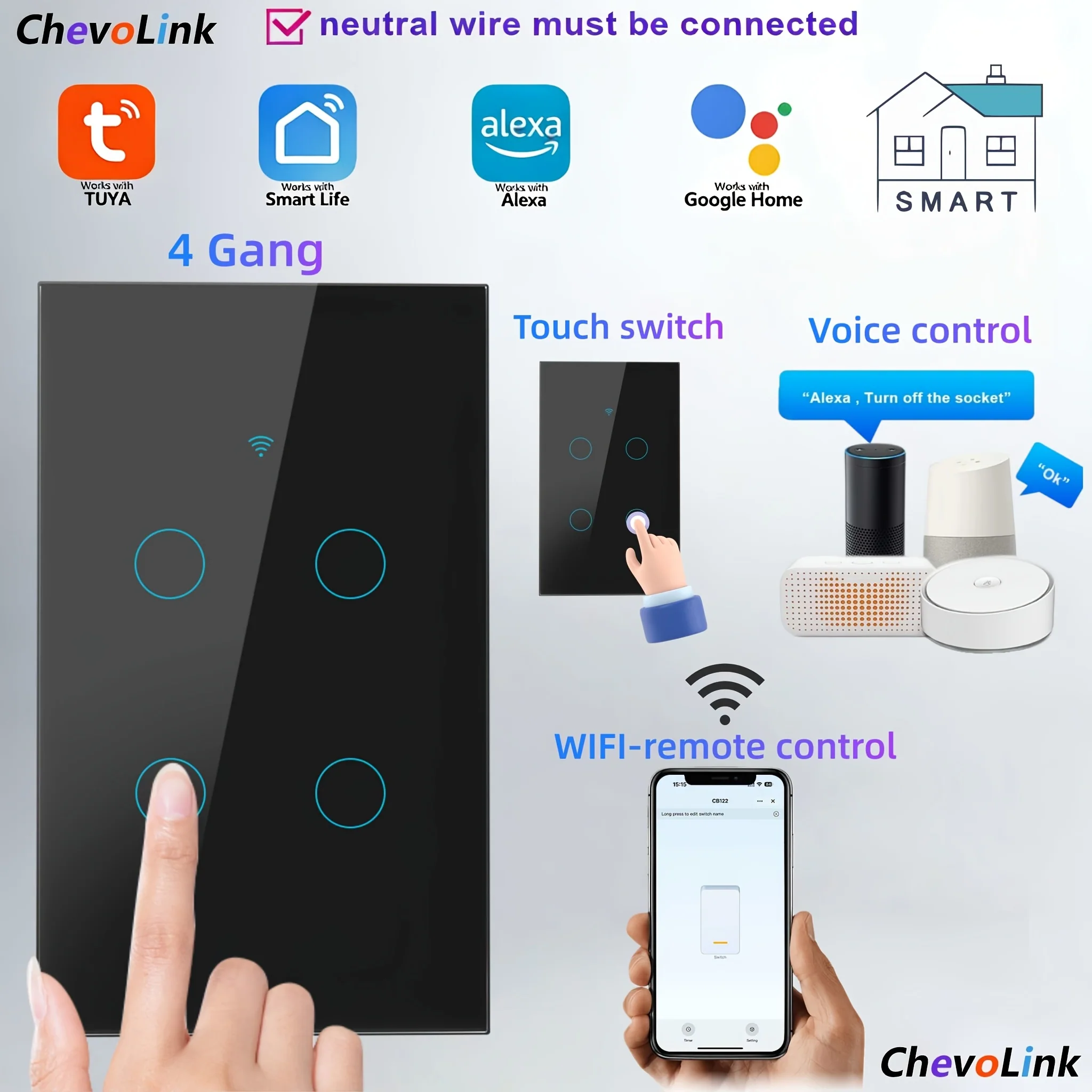 Black Smart Wi‑Fi Touch Light Wall Switch, Tempered Glass Panel, 1‑4 Channel Options, Requires Neutral Wire, 100‑240 V