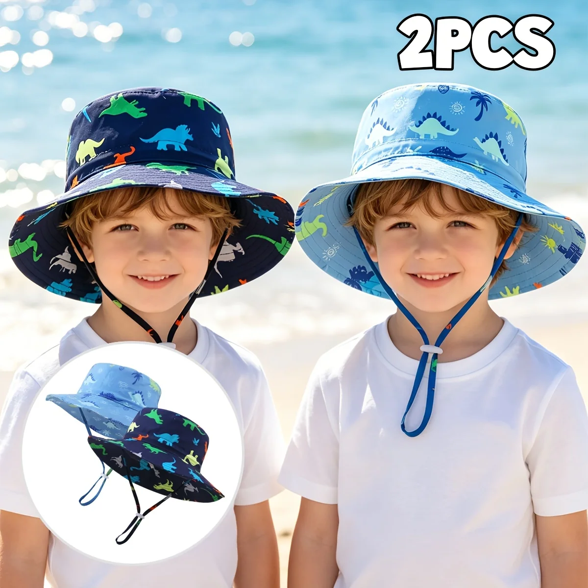 2-Piece Dinosaur Print Camouflage Bucket Hats with Wide Brim and Adjustable Cord