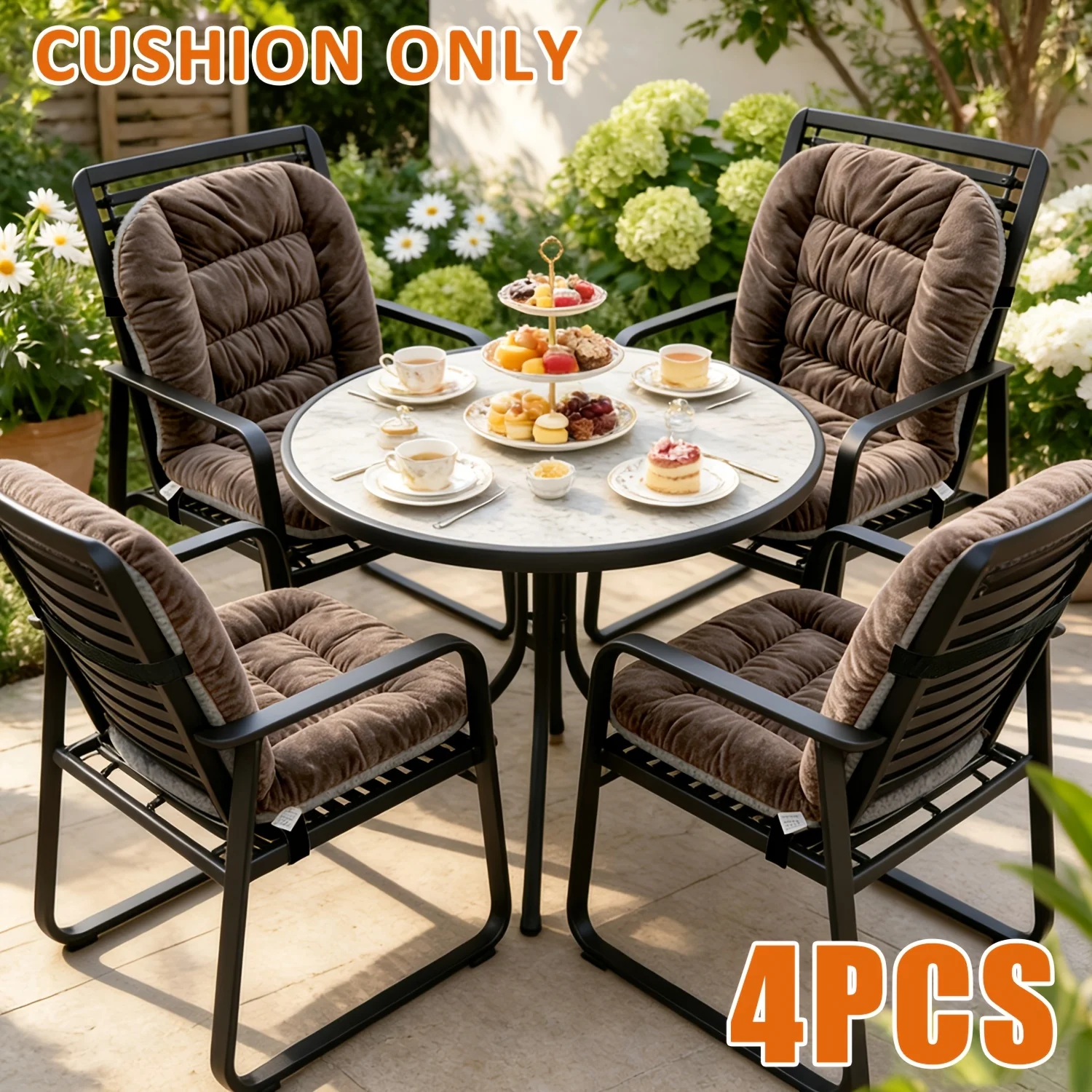 Set of 4 thick outdoor chair cushions with backrest support