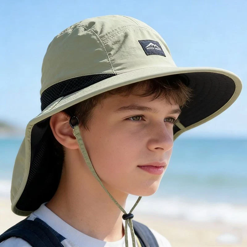 Youth wide-brim sun hat with UV protection and breathable mesh