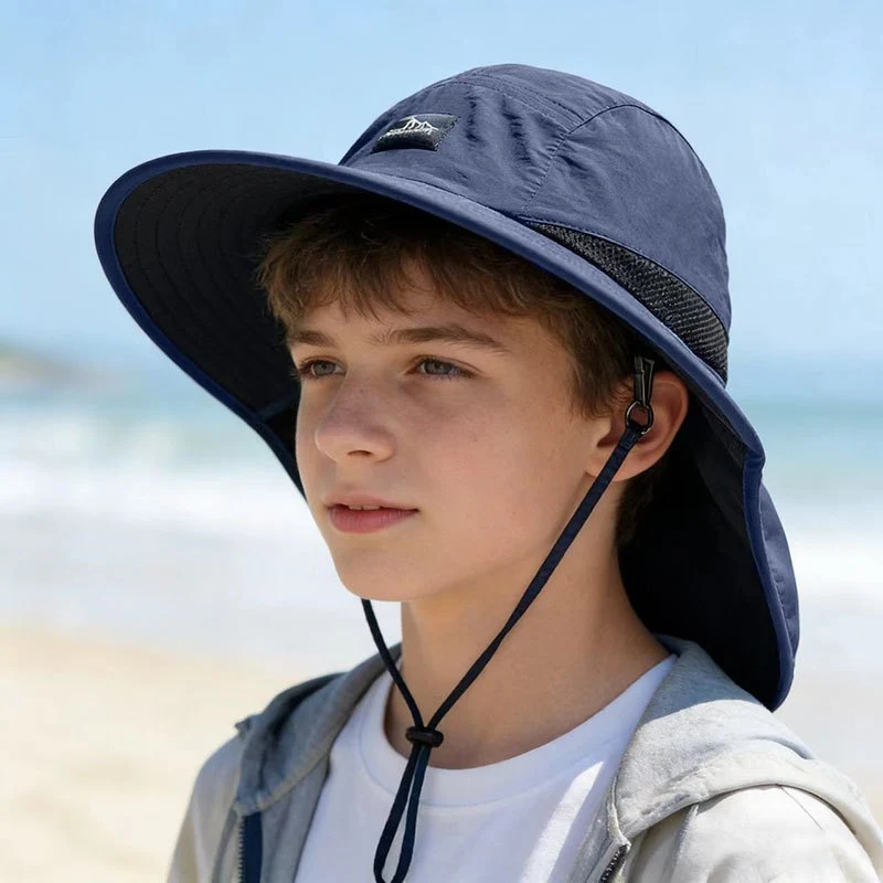 Youth wide-brim sun hat with UV protection and breathable mesh