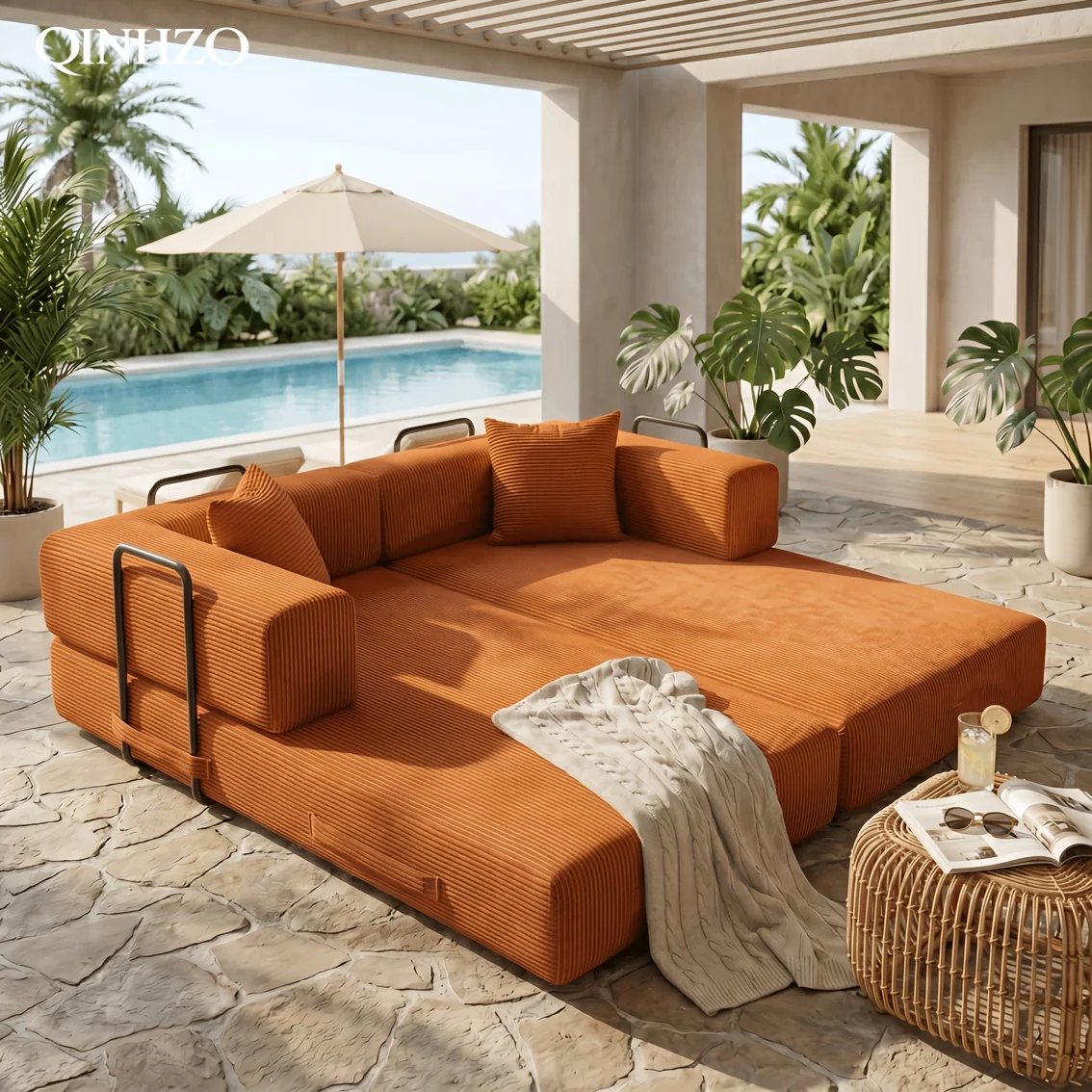 Modular L-shaped recliner sofa converts to king-size bed