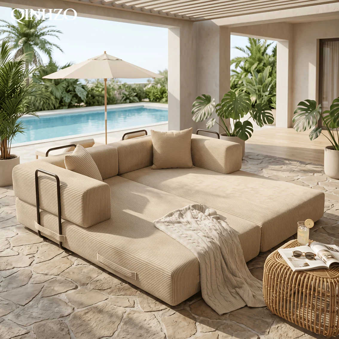 Modular L-shaped recliner sofa converts to king-size bed