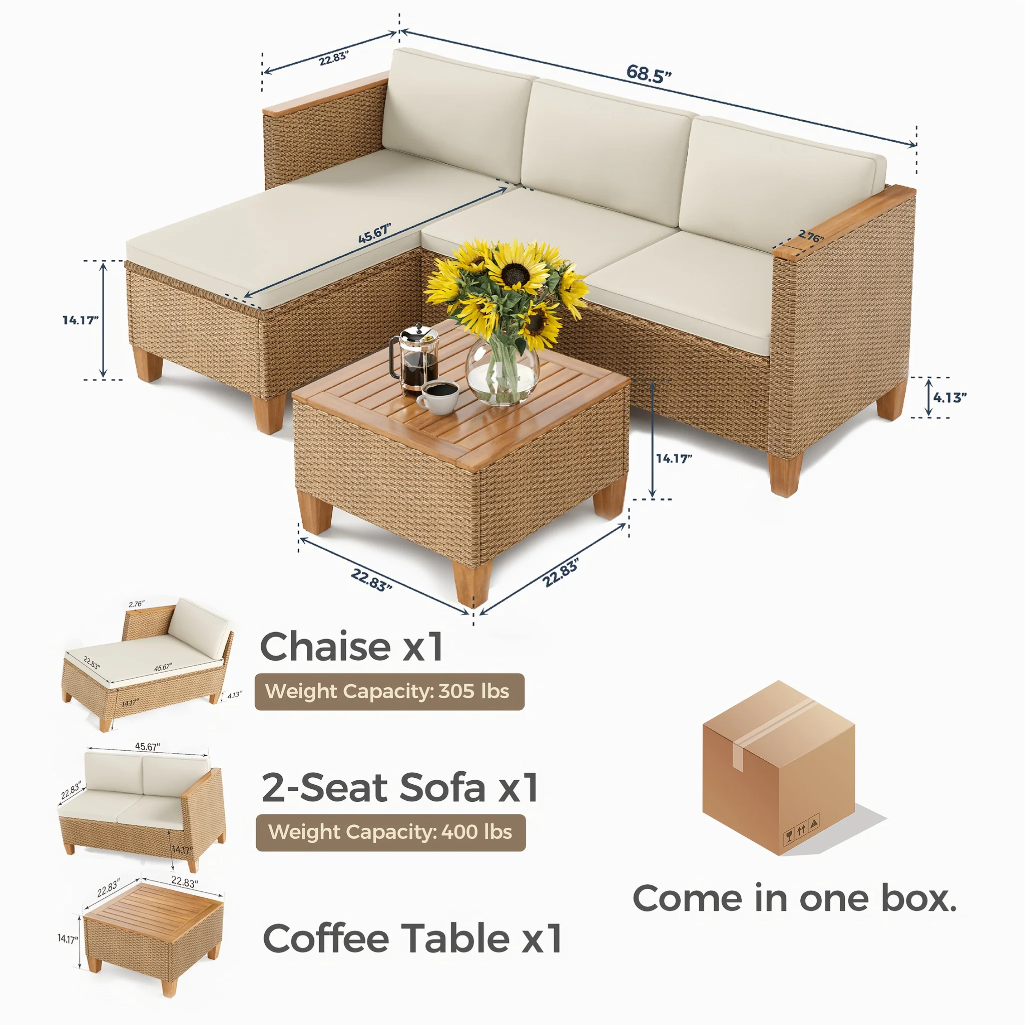 3-Piece L-Shaped Outdoor Wicker Patio Furniture Set with Coffee Table