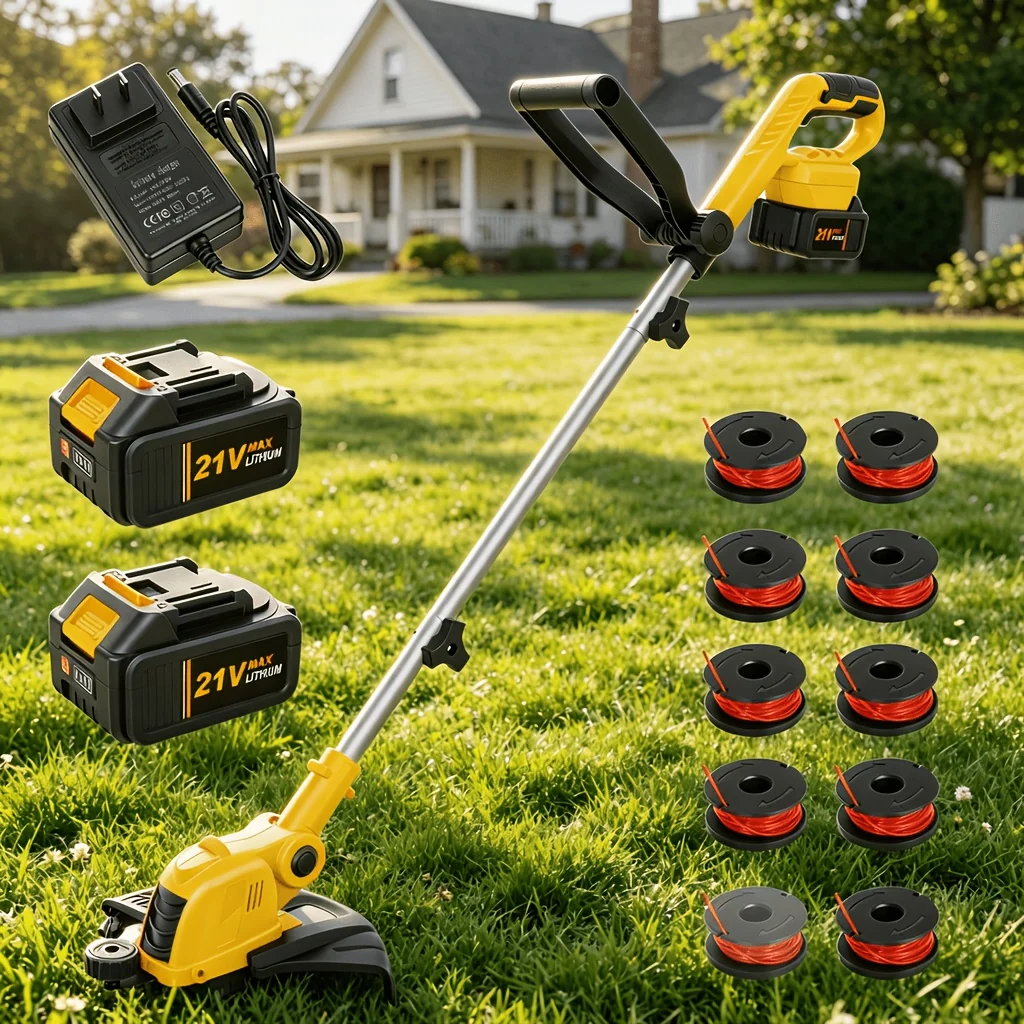 12-inch yellow cordless string trimmer with rotatable head and auto line feed