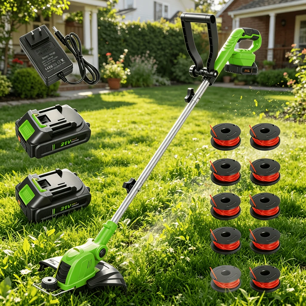 12-inch yellow cordless string trimmer with rotatable head and auto line feed