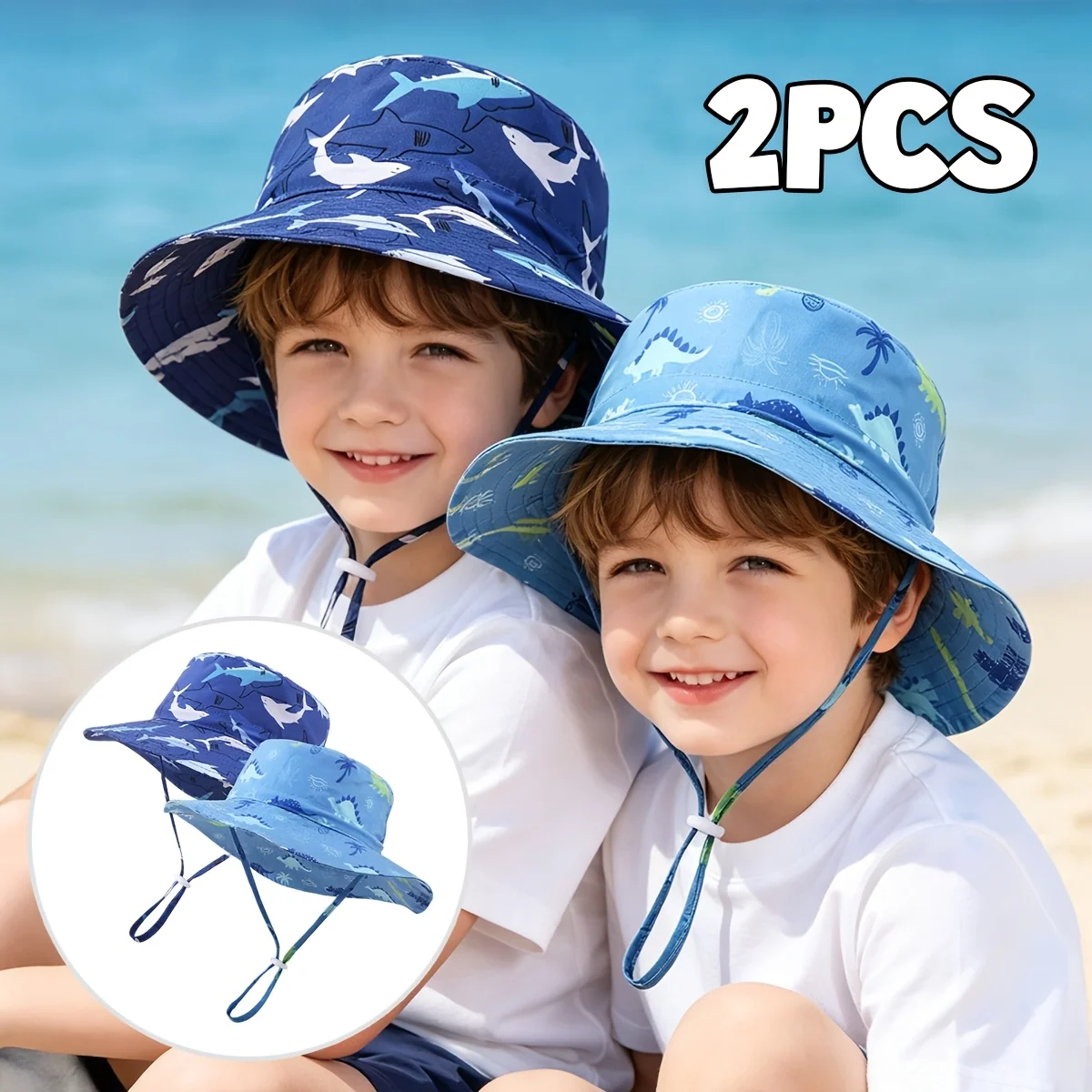 Shark and dinosaur print wide-brim bucket hats for children