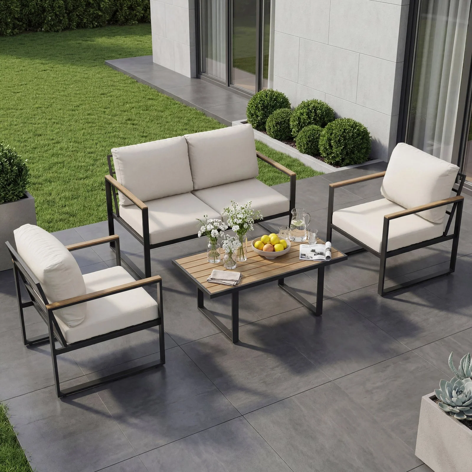 Grey outdoor conversation sofa set with matching table
