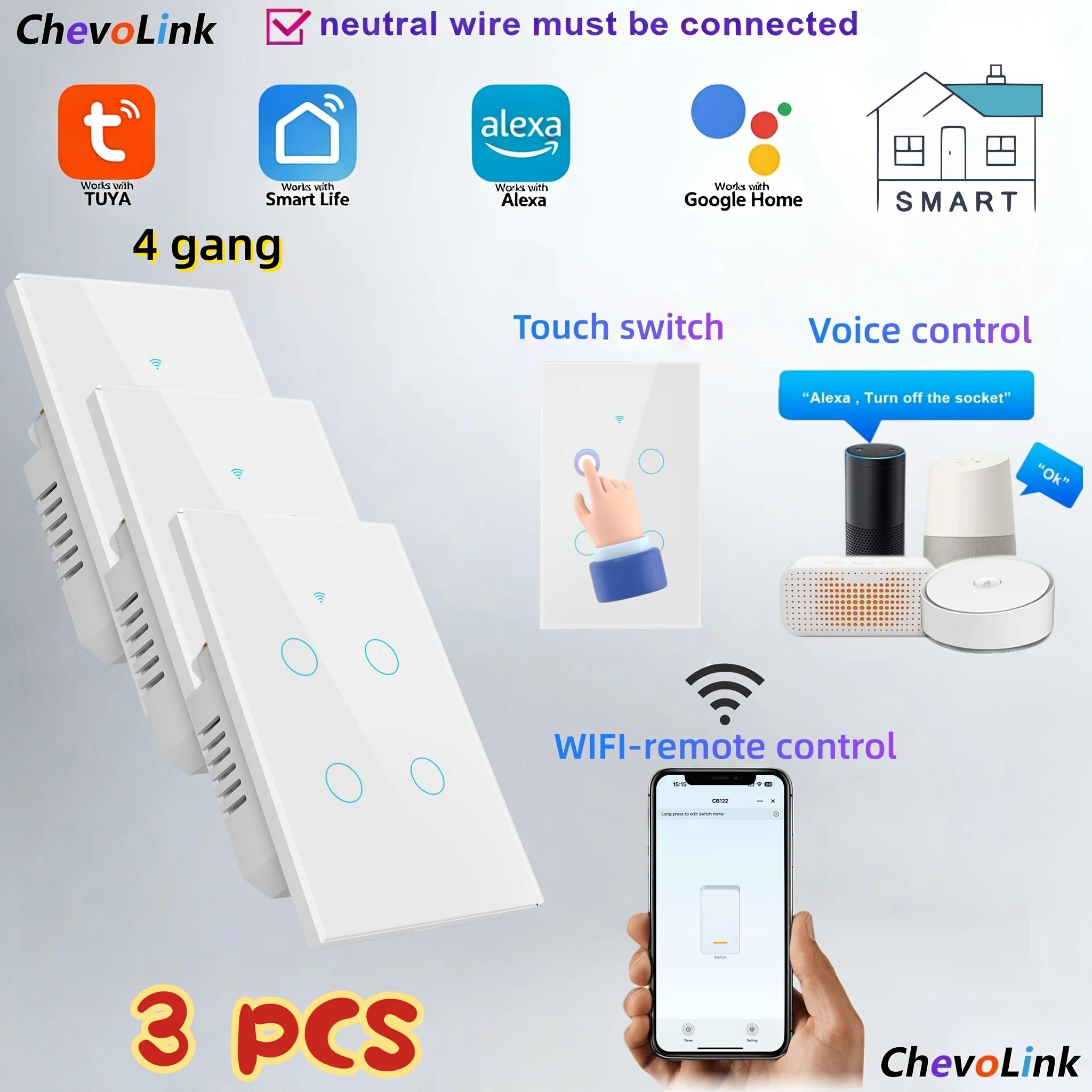 White 4-Gang Smart Wi-Fi Light Switch, US Standard