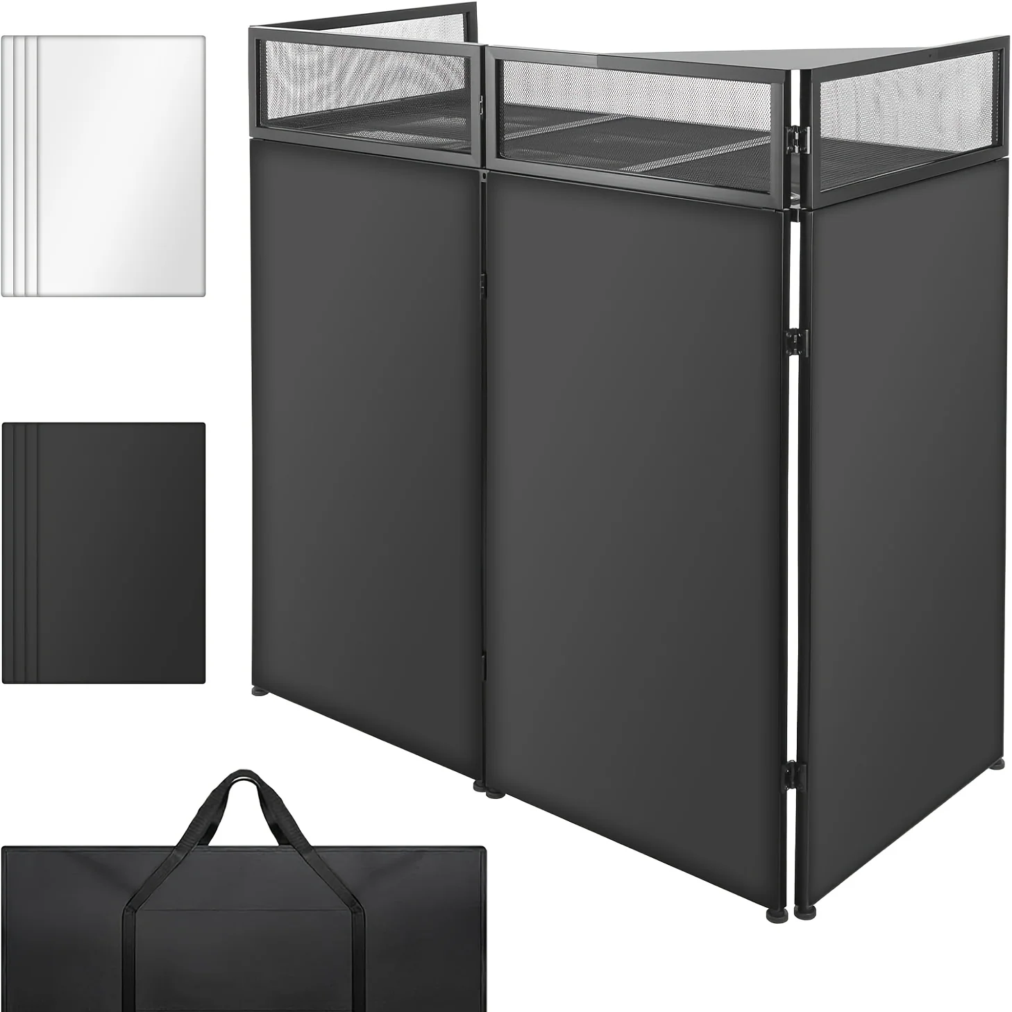 Portable DJ Booth Facade Table with Metal Foldable Frame, 45×44×21 in, Black & White Scrim and Carrying Bag