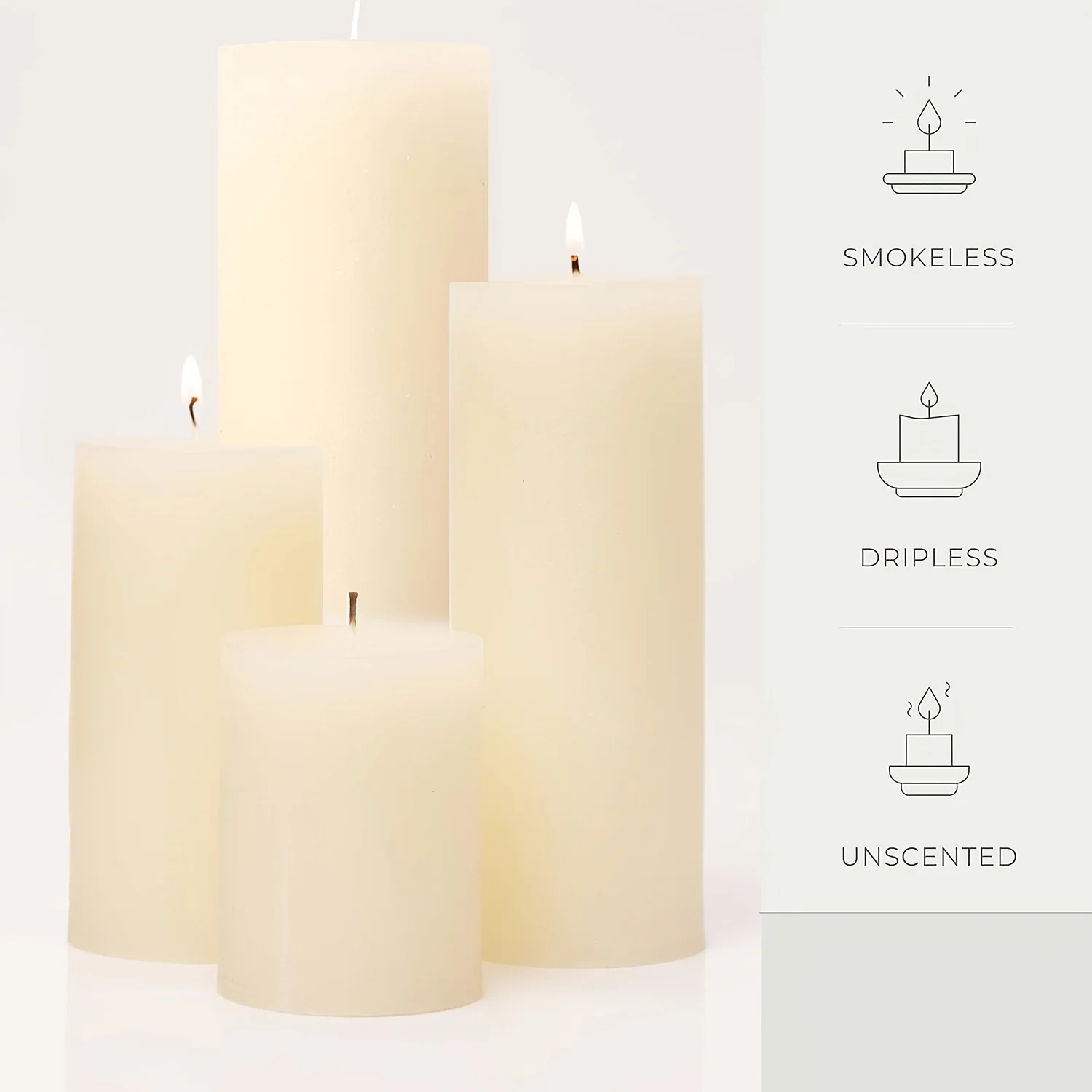 4 white soy pillar candles - handmade, 85 hour burn
