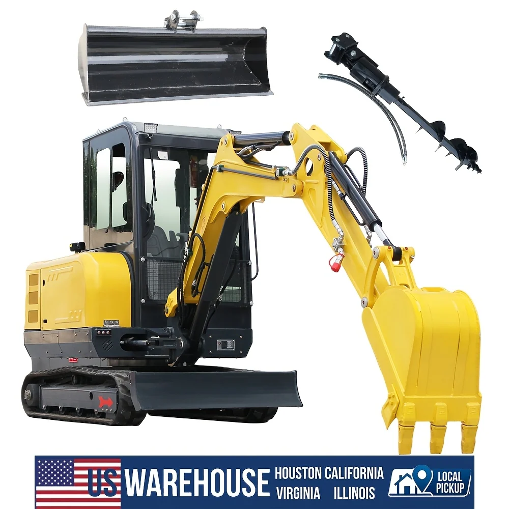 3.5-ton compact mini excavator with enclosed cab and auger drill