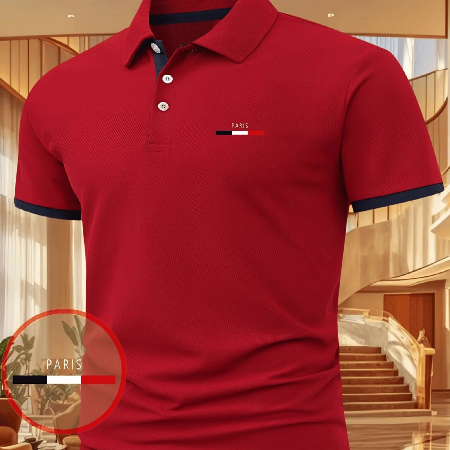 Men's Moisture-Wicking Printed Polo Shirt – Three‑Color Stripe, Short Sleeve