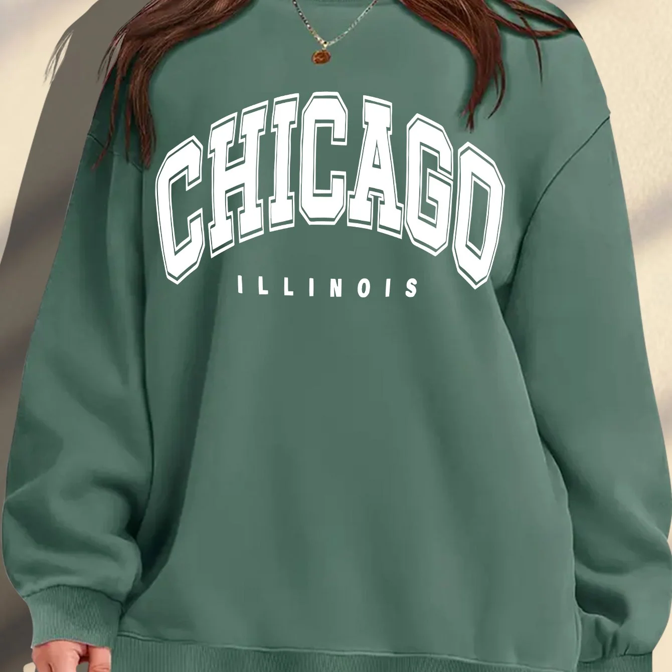 Plus Size Women's Casual Long Sleeve Crew Neck Sweatshirt with Campus Print