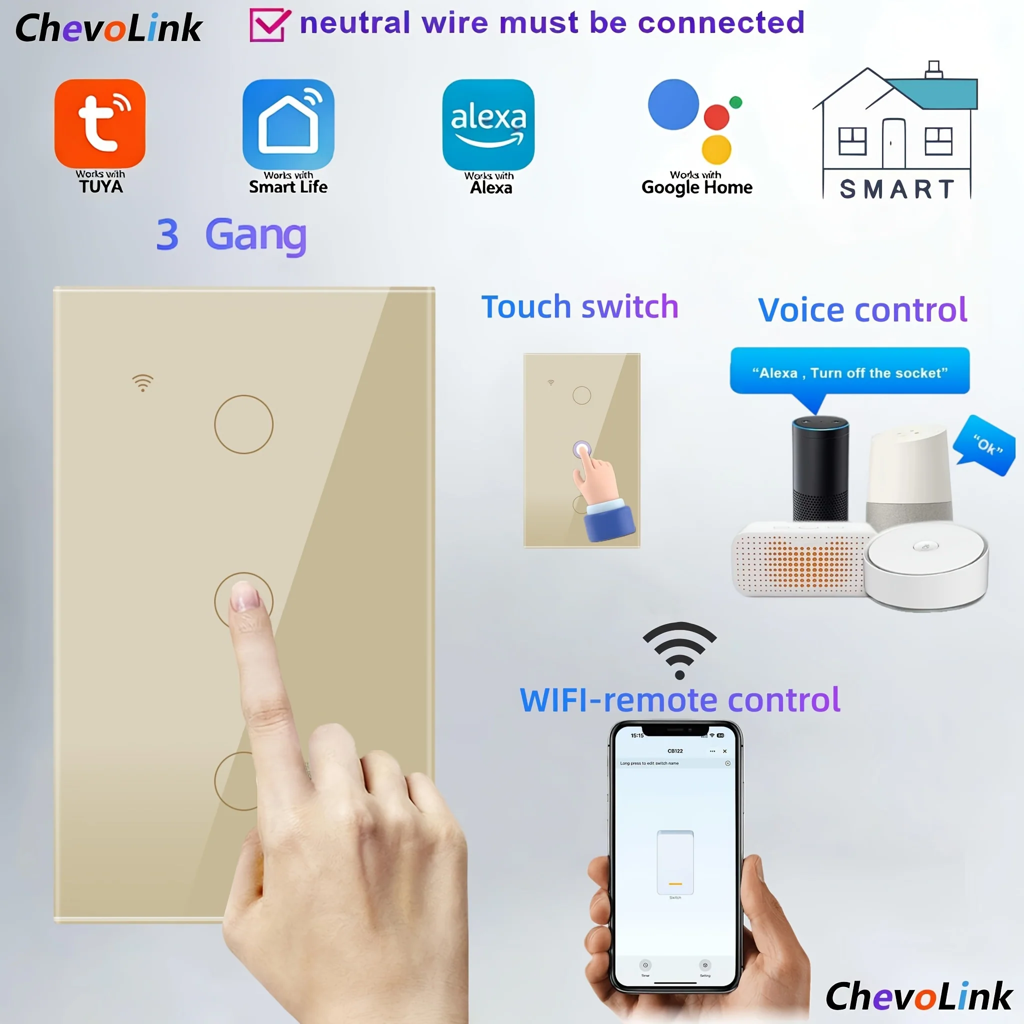 Smart Wi‑Fi Touch Switch with Scratch‑Resistant Tempered Glass Panel, 1‑4 Gang, Wi‑Fi & Bluetooth, Alexa Voice Control, 600 W per Gang