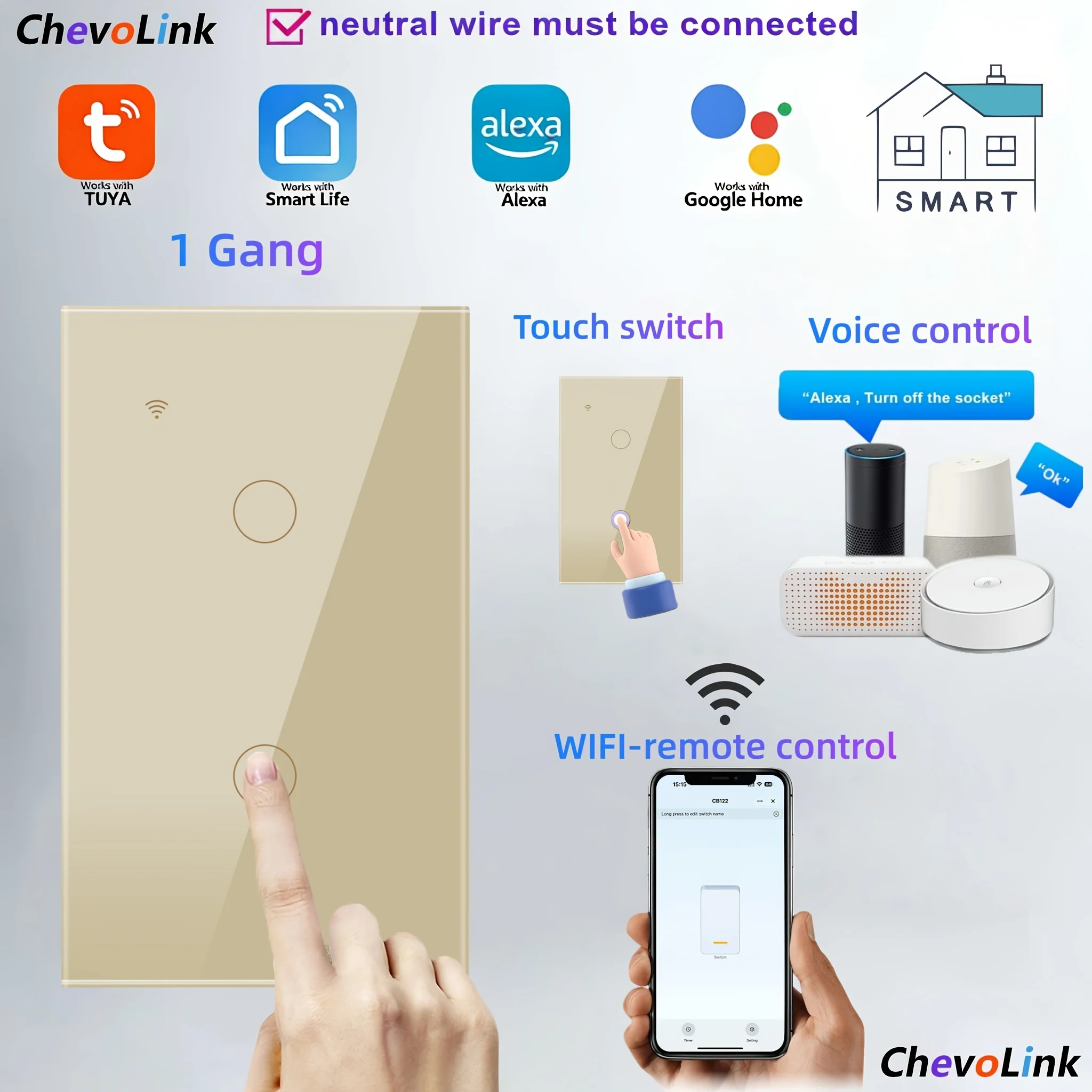 Smart Wi‑Fi Touch Switch with Scratch‑Resistant Tempered Glass Panel, 1‑4 Gang, Wi‑Fi & Bluetooth, Alexa Voice Control, 600 W per Gang