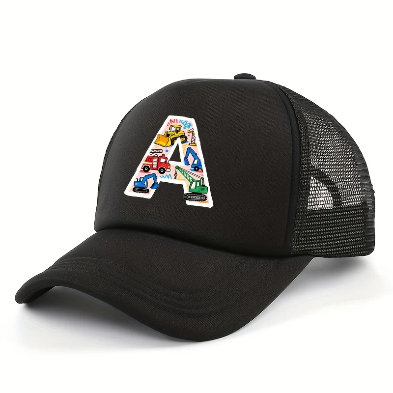 Kids' breathable mesh trucker cap with vehicle-themed sponge design