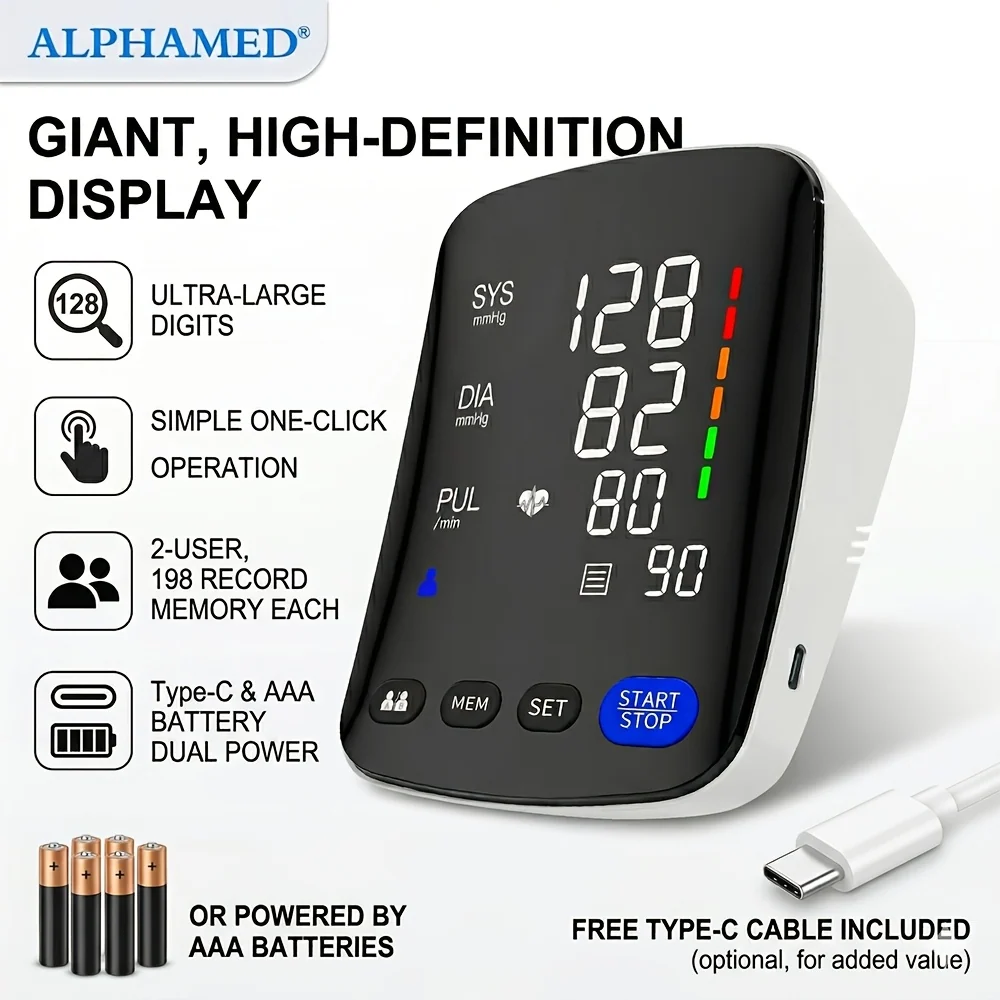 Upper Arm Automatic Blood Pressure Monitor with Large Curved LED Display, Adjustable 8.7‑–17 in Cuff, 2‑User 198‑Reading Memory, Type‑C Charging