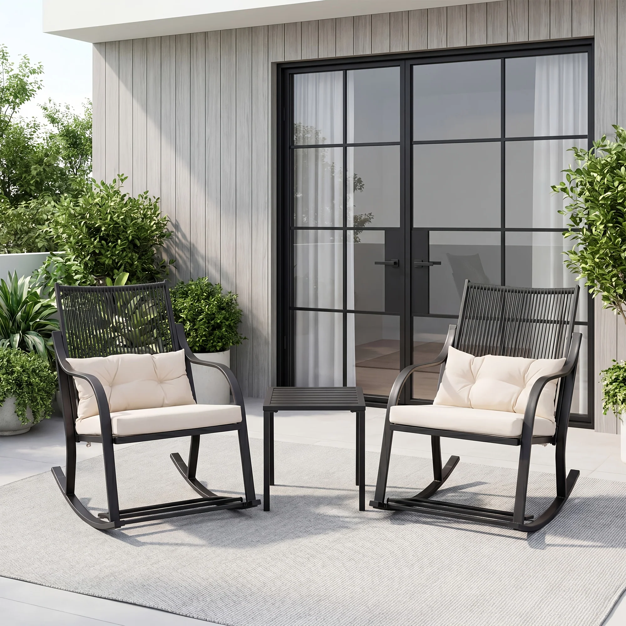 3-piece outdoor wicker rocking chair set with glass table and thick cushions