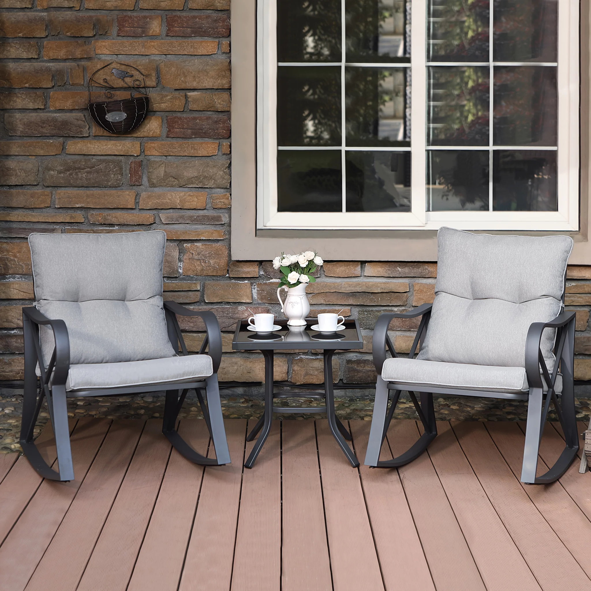 3-piece outdoor wicker rocking chair set with glass table and thick cushions