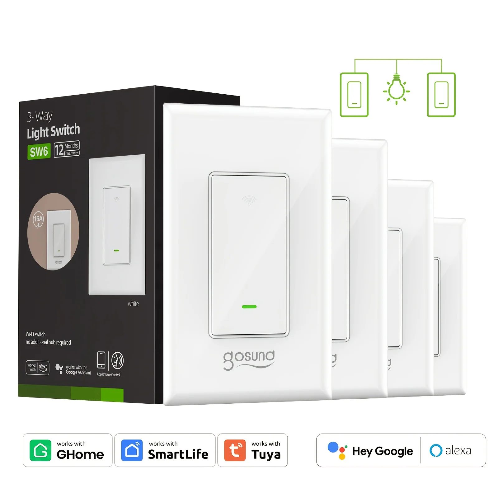 3-Way Wi-Fi Smart Light Switch with Scheduling Timer and Voice Control