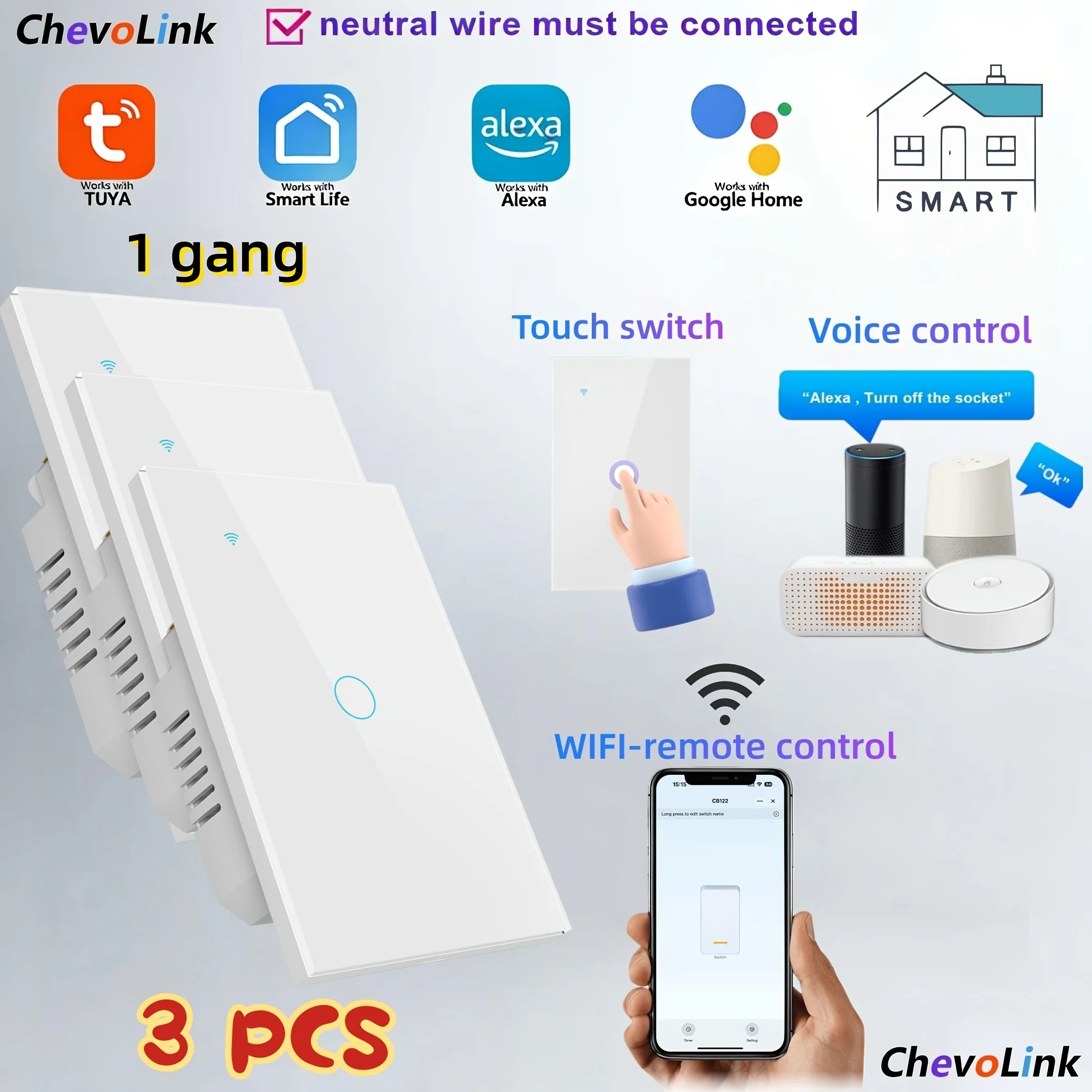 3-Pack Smart Wi-Fi Touch Light Switch, 1-4 Gang, 100-240V